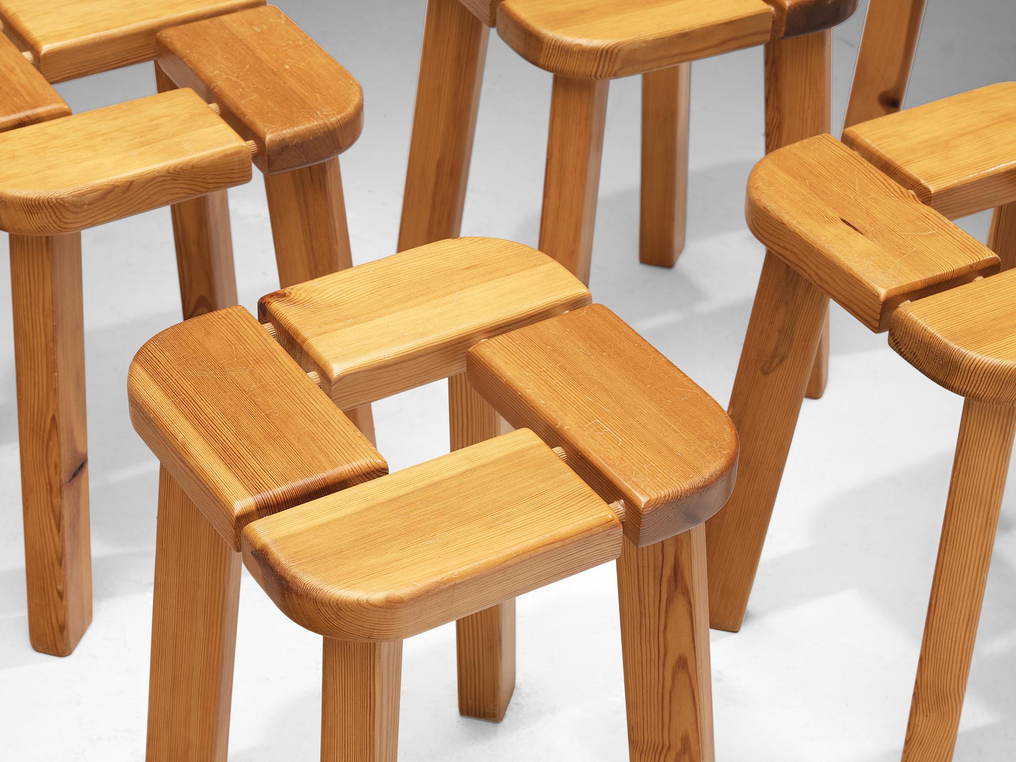 Scandinavian Stools in Pine with Geometric Tops 1970s In Good Condition For Sale In Waalwijk, NL