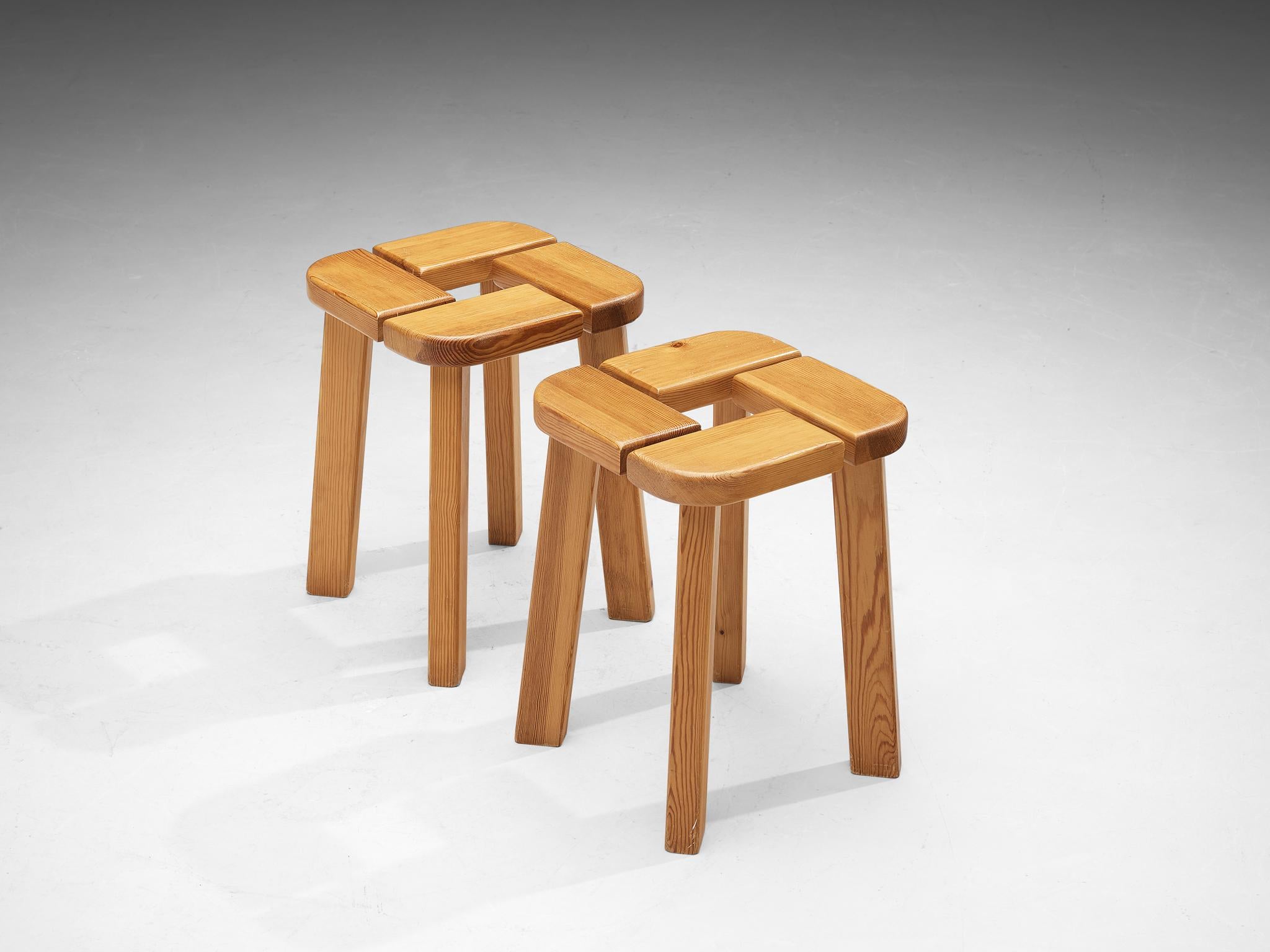 Scandinavian Stools in Pine with Geometric Tops 1970s For Sale 1