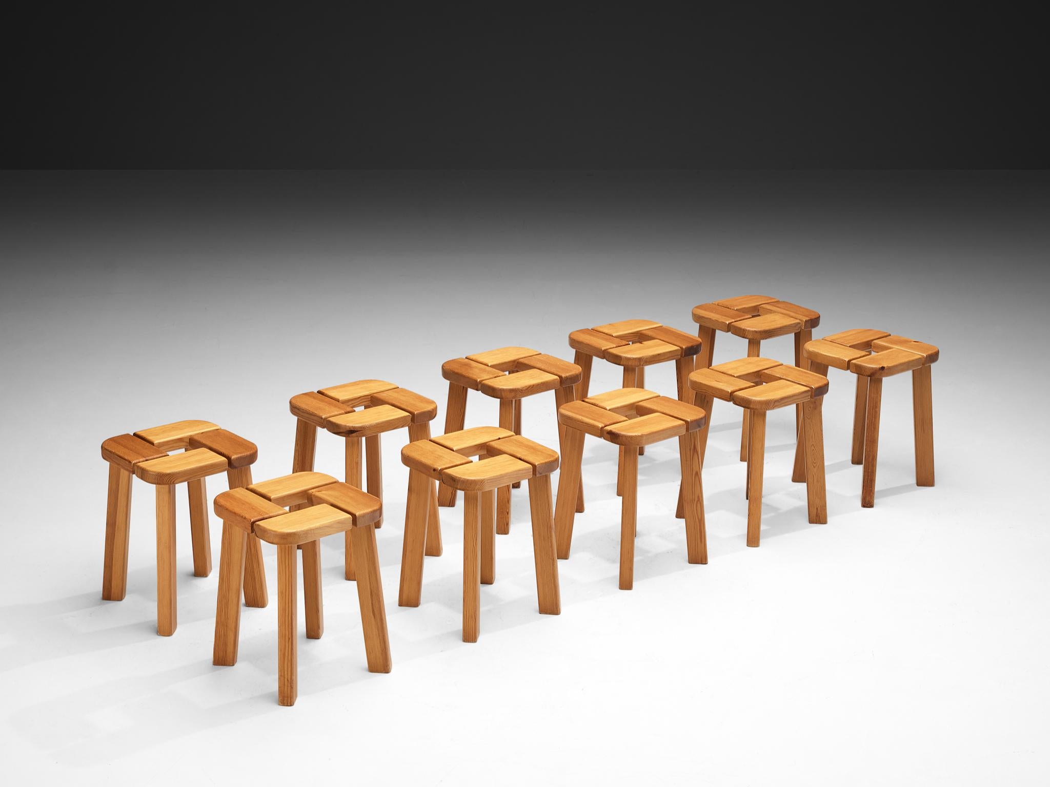 Scandinavian Stools in Pine with Geometric Tops 1970s For Sale 2
