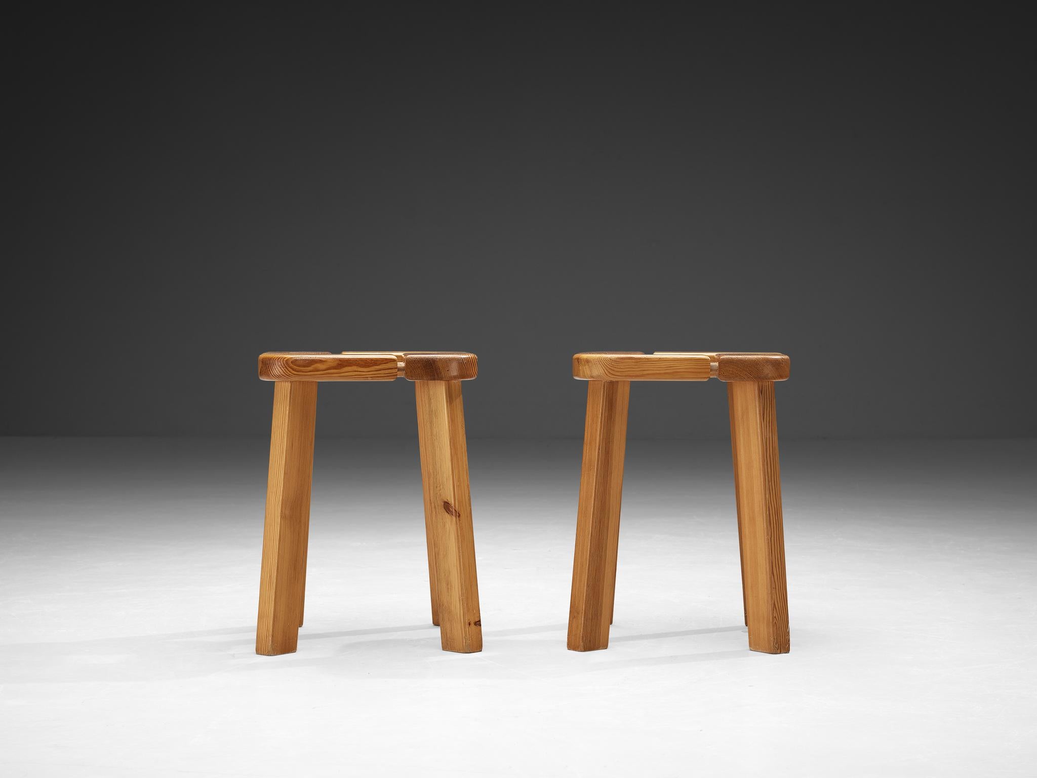 Scandinavian Stools in Pine with Geometric Tops 1970s For Sale 3
