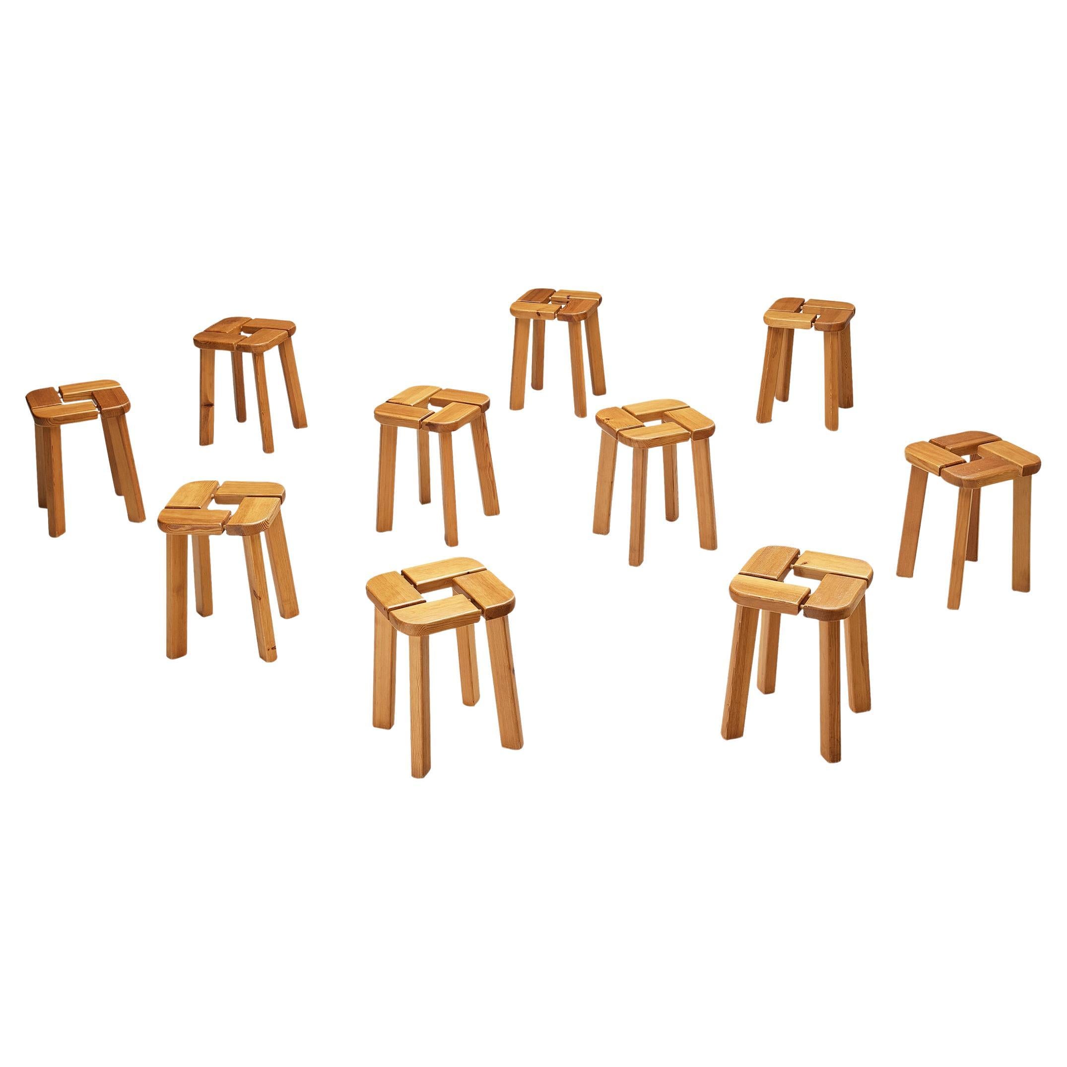 Scandinavian Stools in Pine with Geometric Tops 1970s For Sale