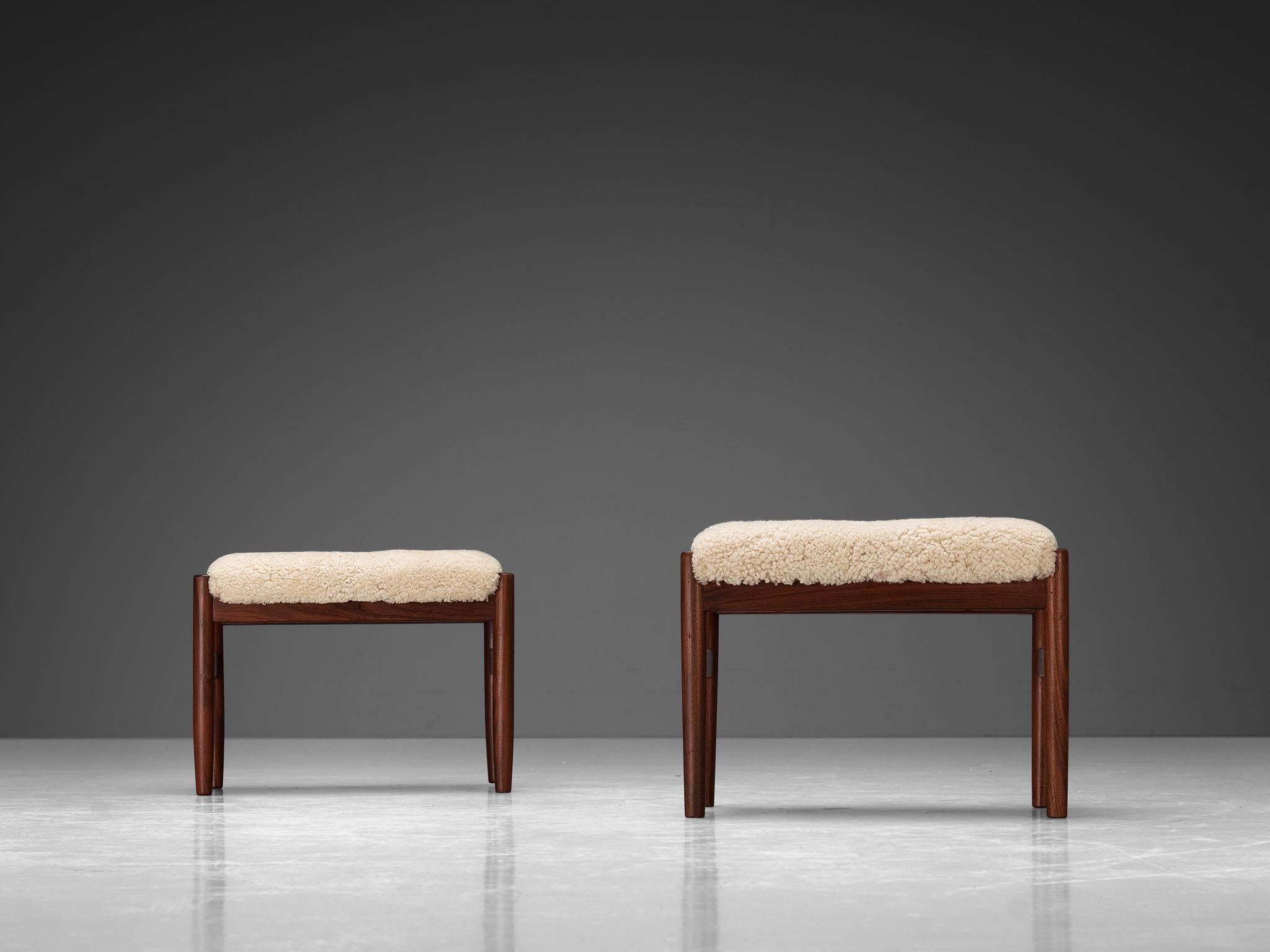 Danish Scandinavian Stools in Teak and Shearling Upholstery  For Sale