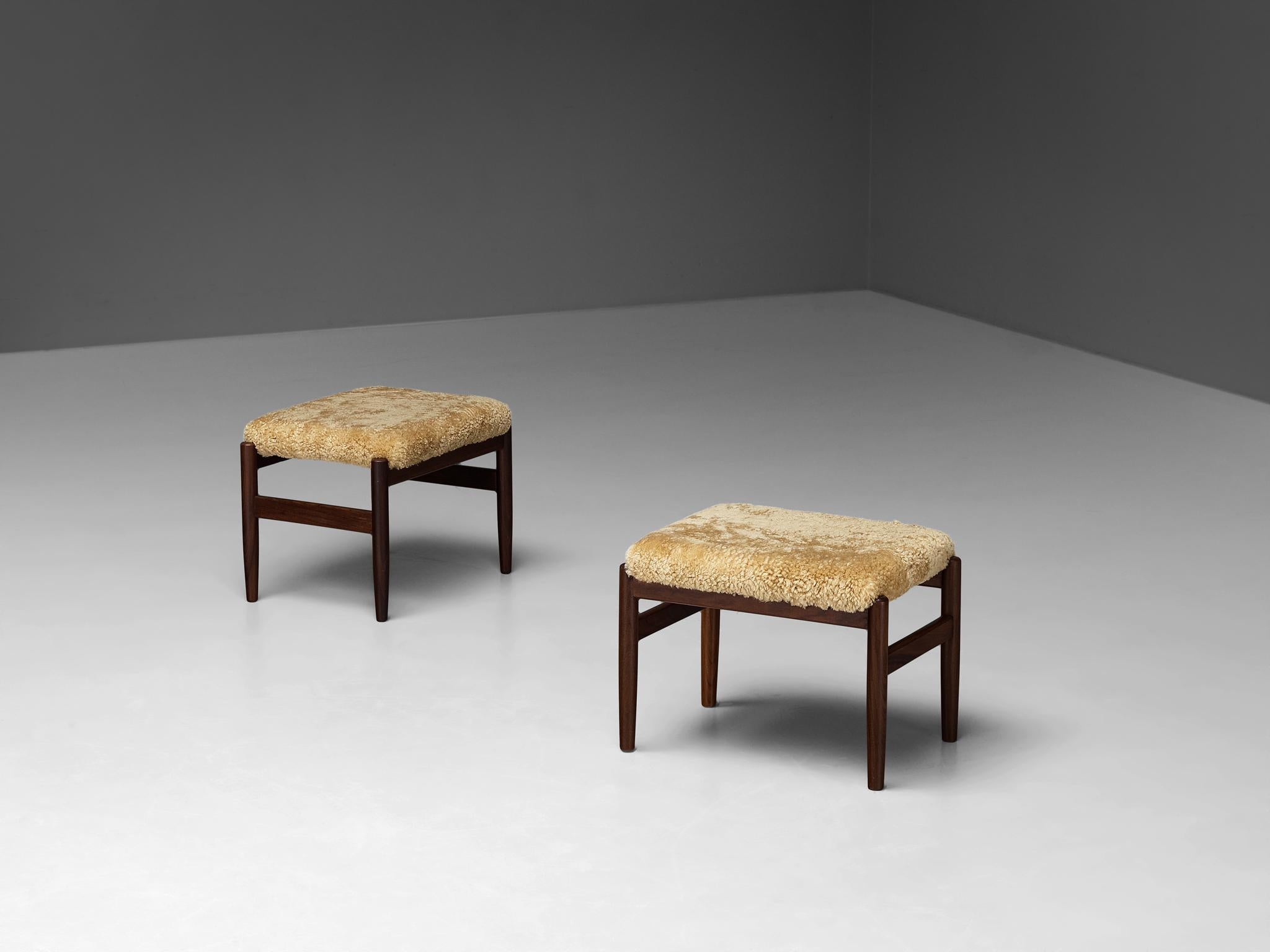 Danish Scandinavian Stools in Teak and Shearling Upholstery  For Sale