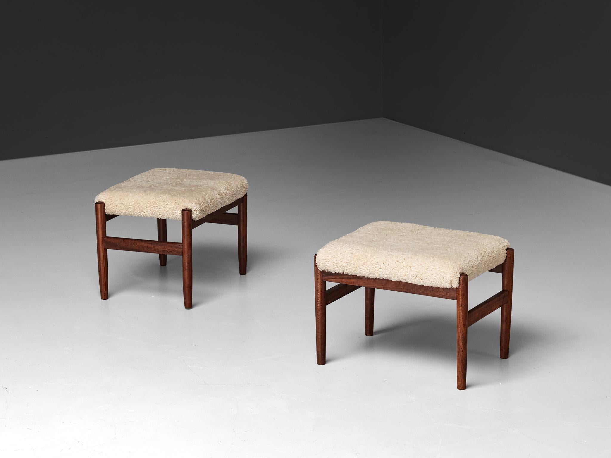 Mid-20th Century Scandinavian Stools in Teak and Shearling Upholstery  For Sale