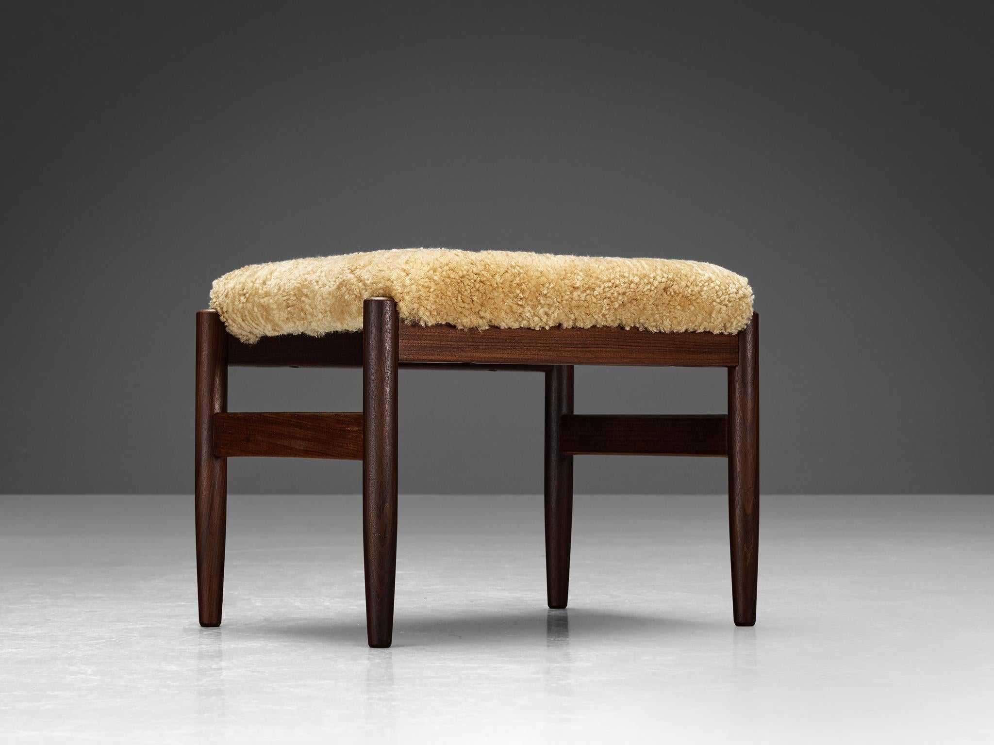 Fabric Scandinavian Stools in Teak and Shearling Upholstery  For Sale