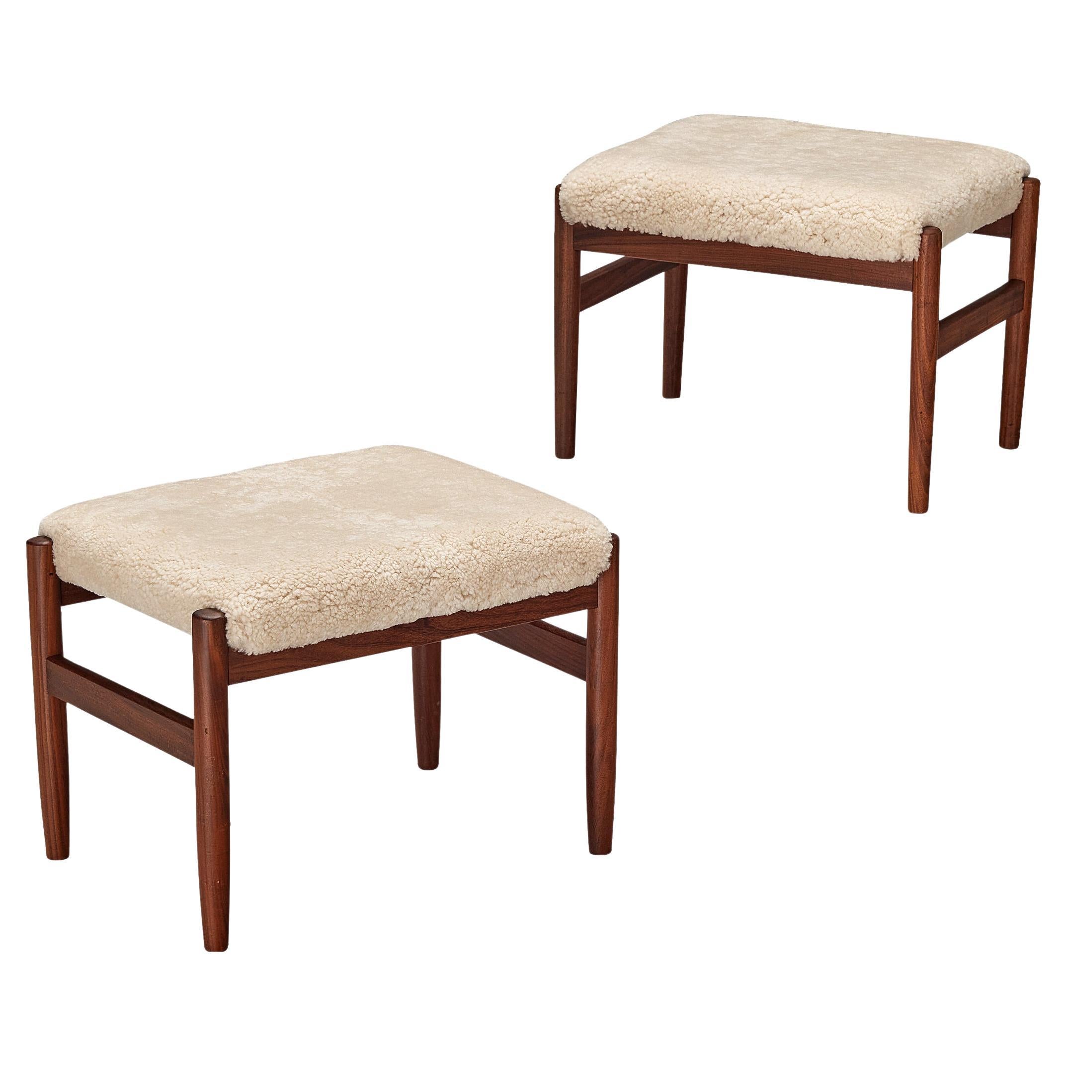 Scandinavian Stools in Teak and Shearling Upholstery  For Sale