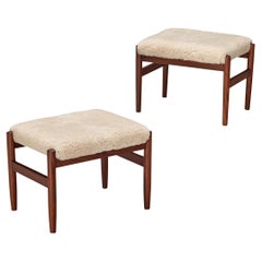 Scandinavian Stools in Teak and Shearling Upholstery 