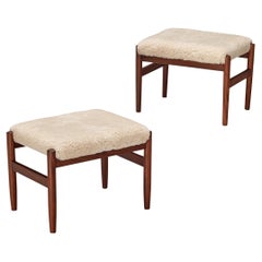 Vintage Scandinavian Stools in Teak and Shearling Upholstery 