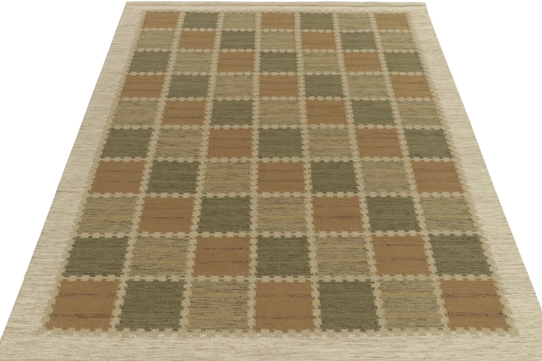 Exemplifying a modern take on Swedish Deco styles, a custom flat weave from Rug & Kilim’s award-winning Scandinavian Kilim collection. The handwoven area rug enjoys a smart application of geometry with well defined compartmentalisation entwining