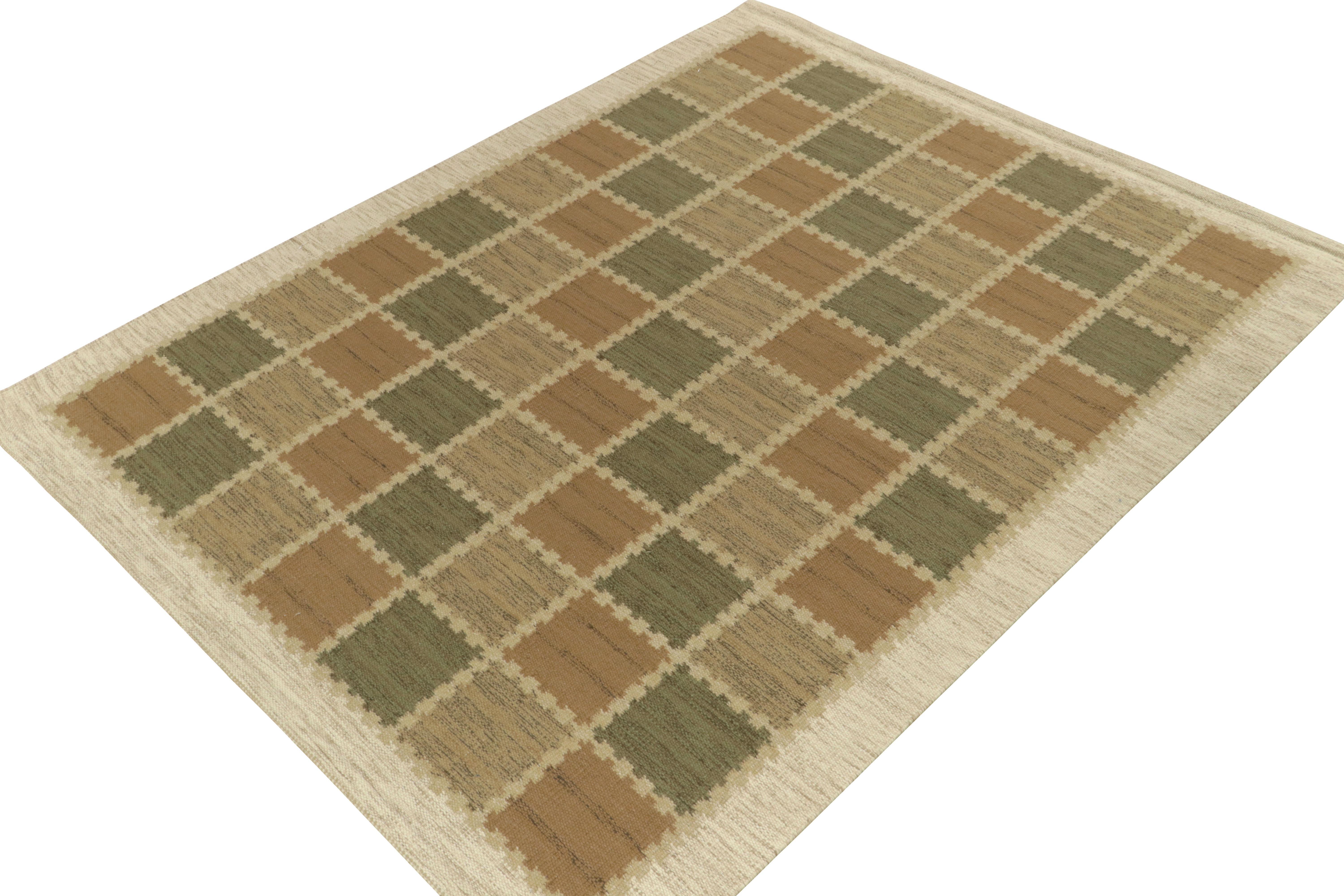 Scandinavian Modern Rug & Kilim's Scandinavian style custom kilim in Beige-Brown, Green & White For Sale