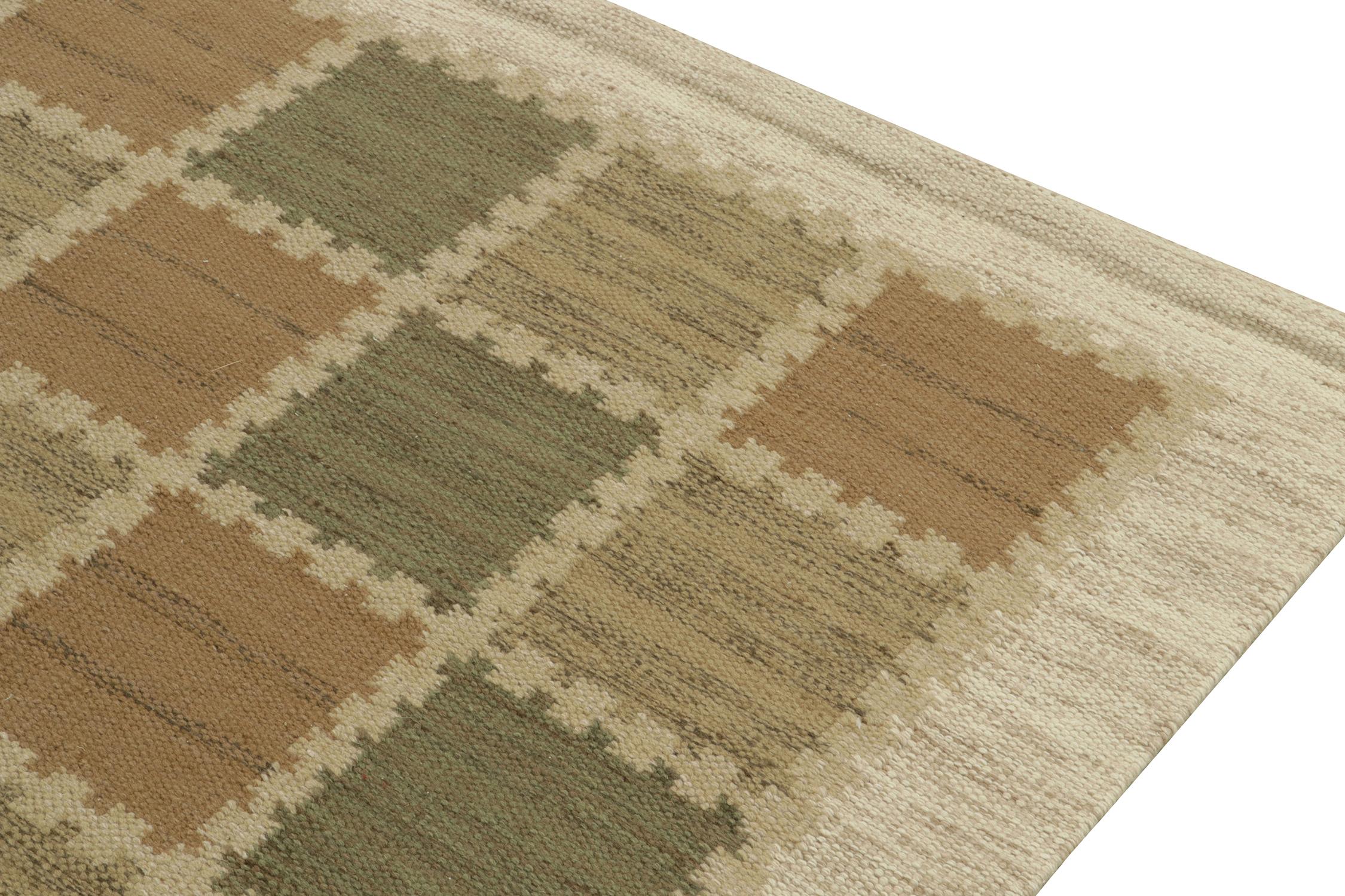 Hand-Knotted Rug & Kilim's Scandinavian style custom kilim in Beige-Brown, Green & White For Sale