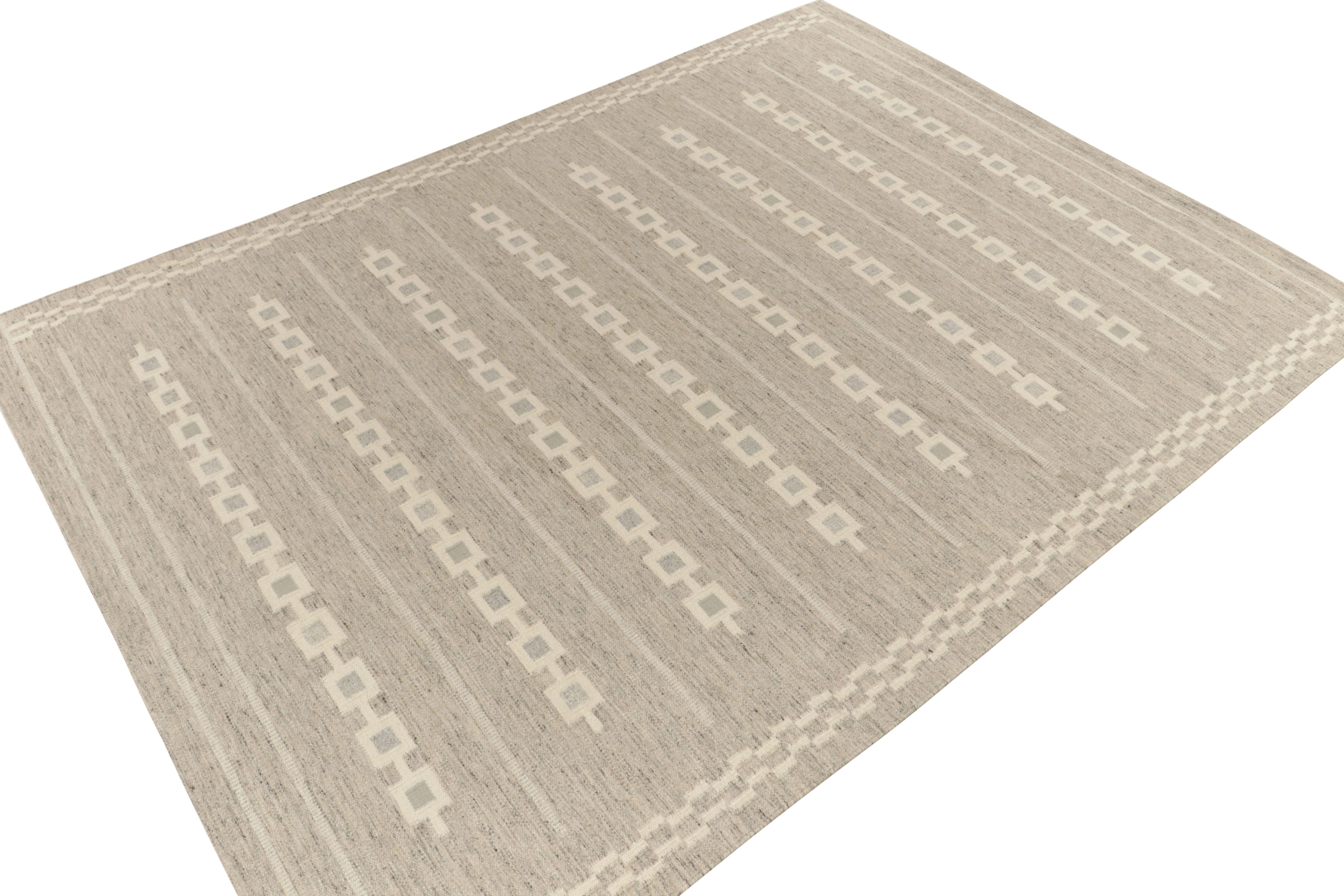 Modern Rug & Kilim's Scandinavian Style Custom Kilim in Greige Geometric Pattern For Sale
