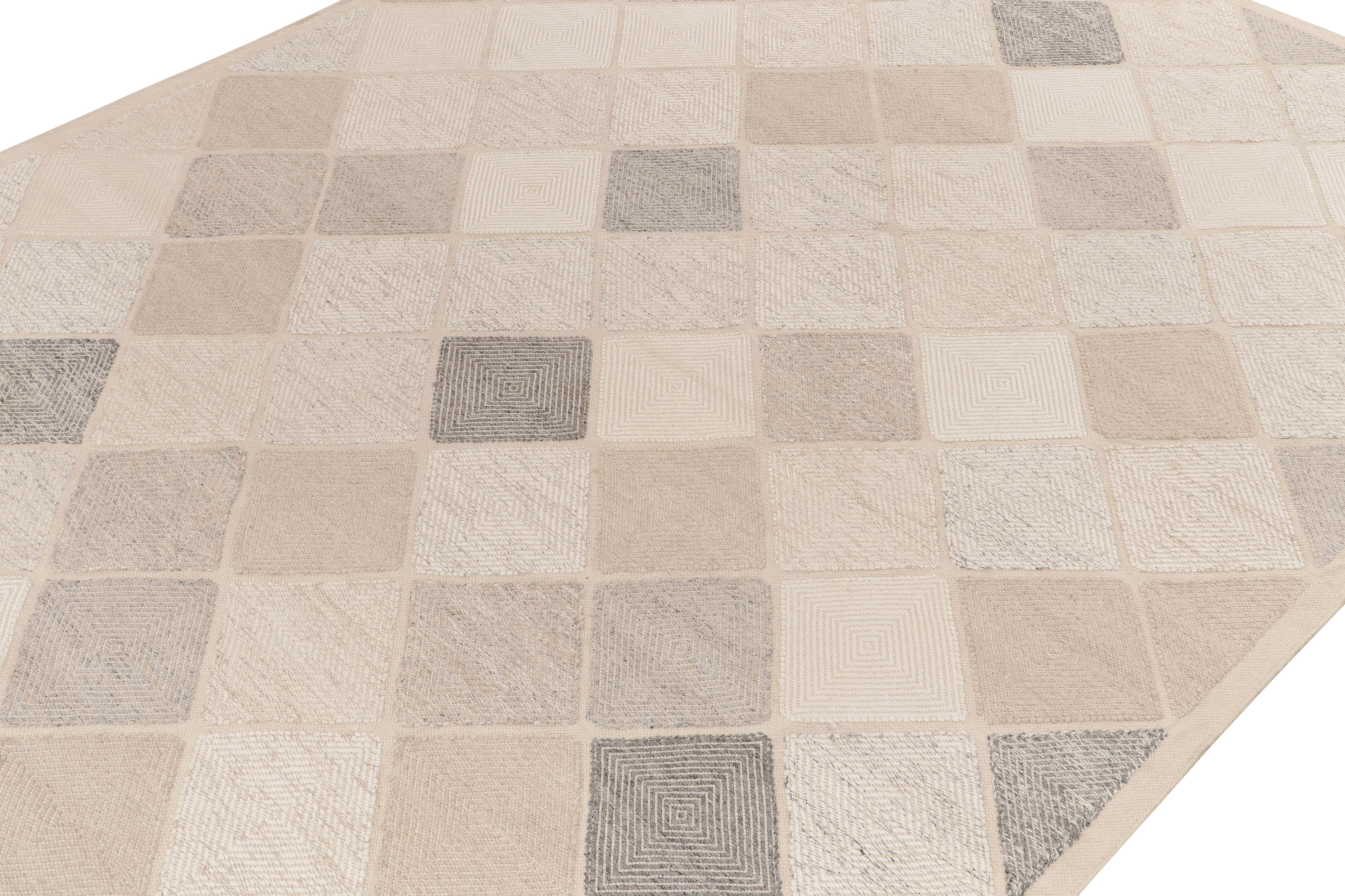 Indian Scandinavian Style Custom Kilim in Greige, White Diamond Pattern by Rug & Kilim For Sale