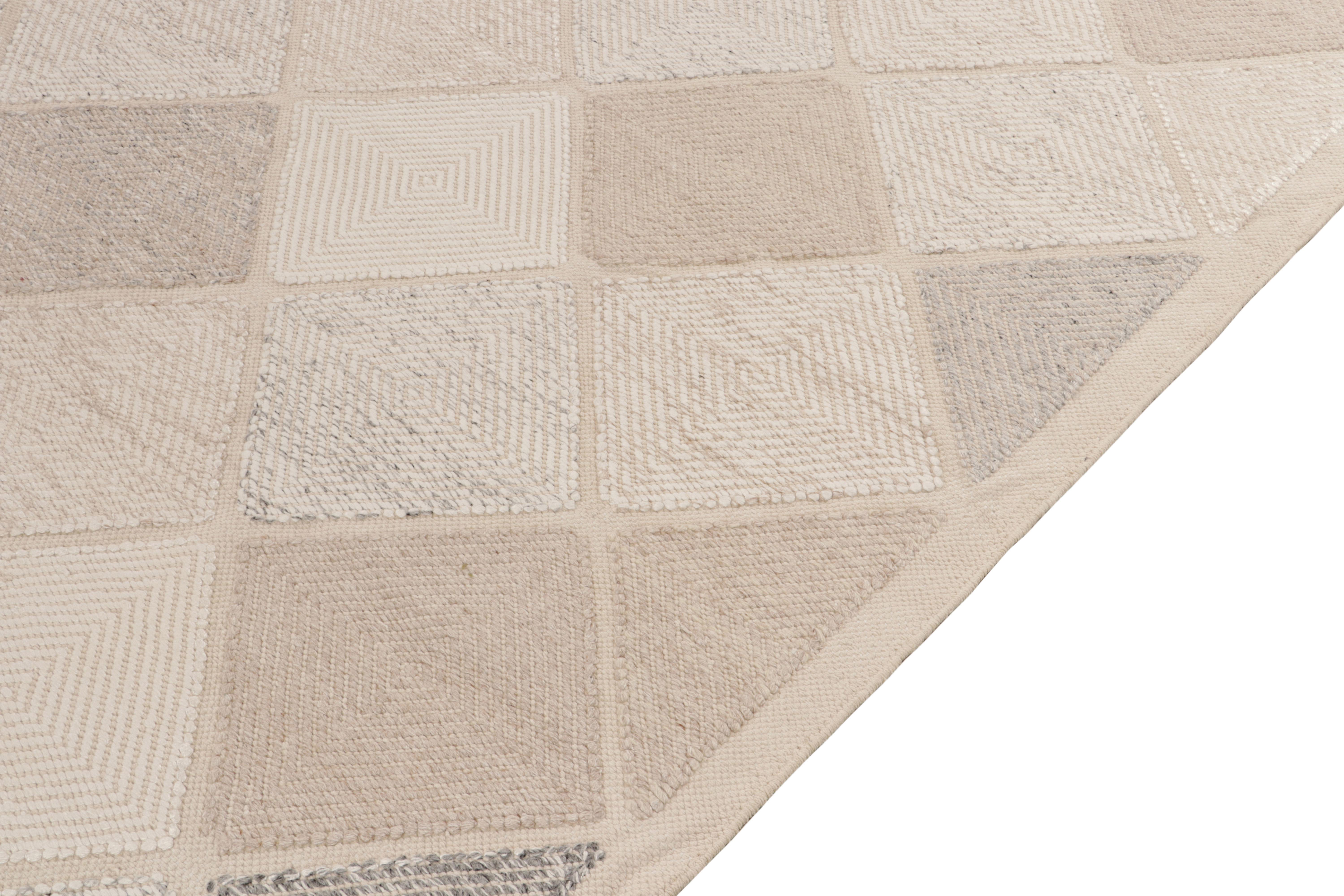 Hand-Knotted Scandinavian Style Custom Kilim in Greige, White Diamond Pattern by Rug & Kilim For Sale