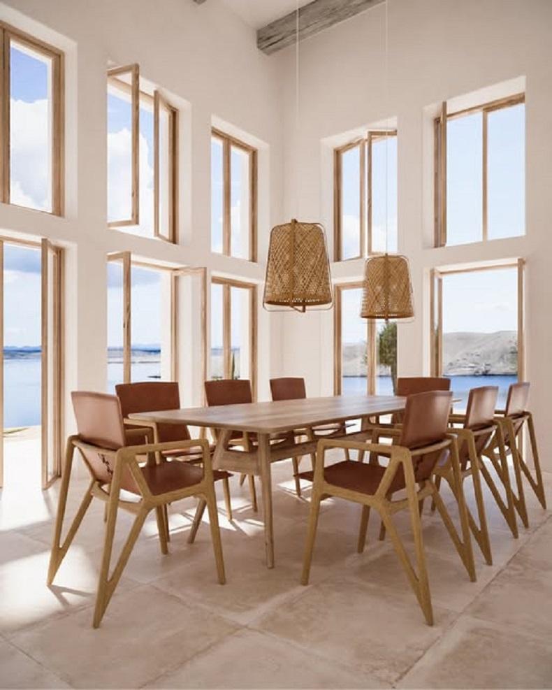 Silla de Comedor de Estilo Escandinavo con Estructura Geométrica de Roble Macizo y Asiento de Piel Siglo XXI y contemporáneo en venta