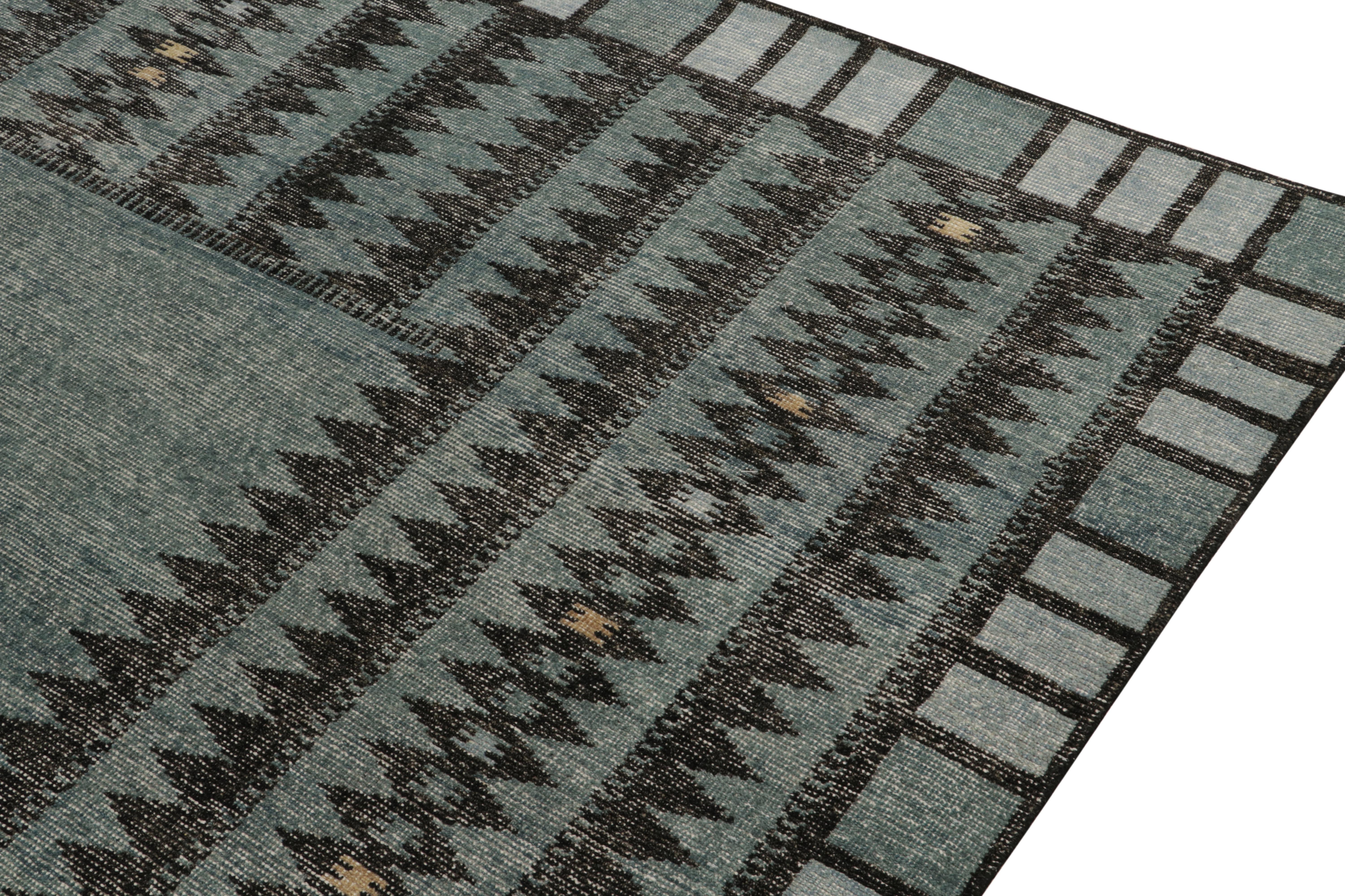 Skandinavischer Teppich & Kelim-Teppich in Blau & Schwarz mit geometrischem Muster (Handgeknüpft) im Angebot