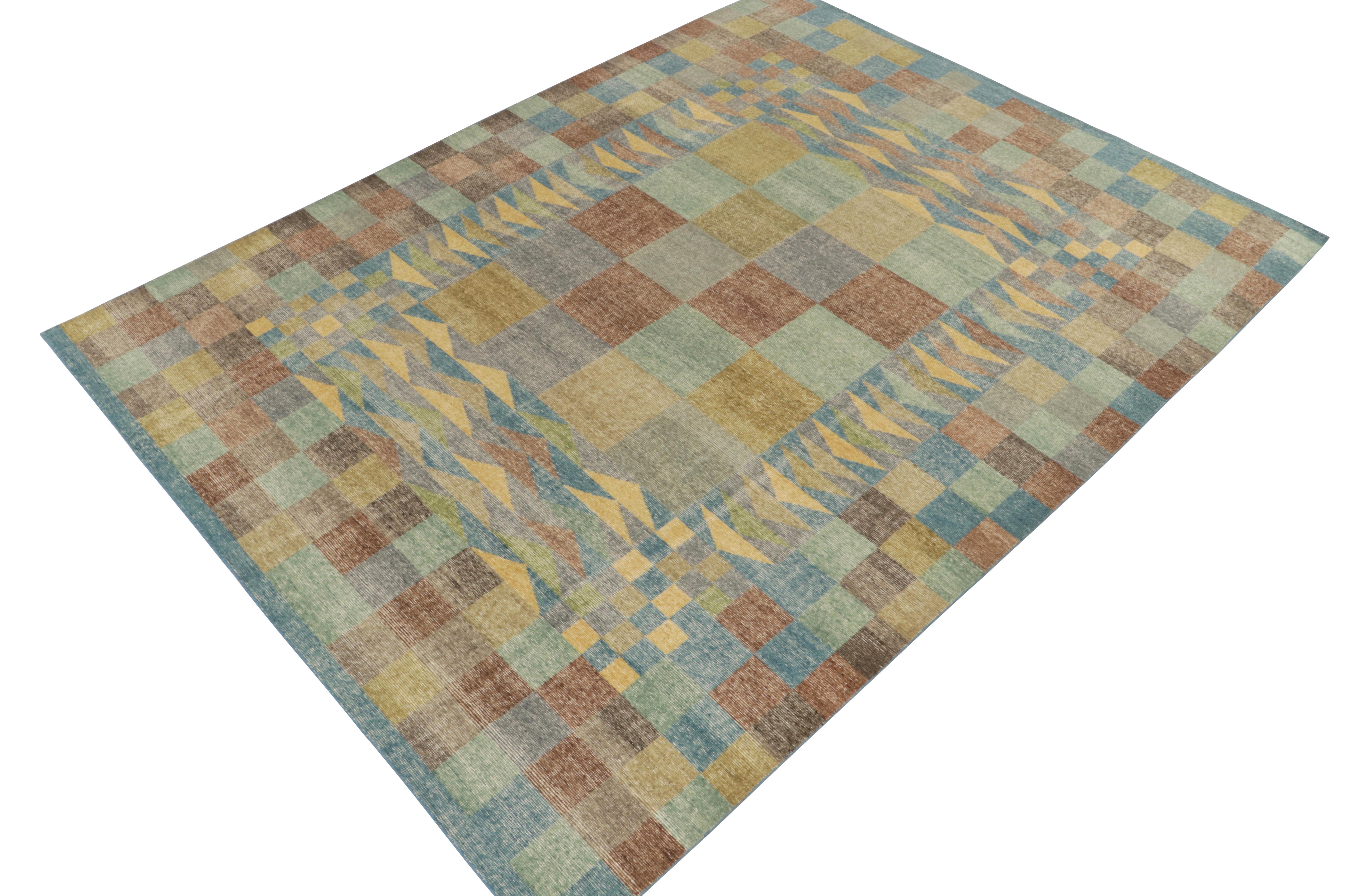 A 9x12 Scandinavian inspired rug from our celebrated Homage selections exemplifying mid-century modern and folk art alike. The rug showcases a sophisticated play of blue, green, brown and gold for a handsome character expertly married to the
