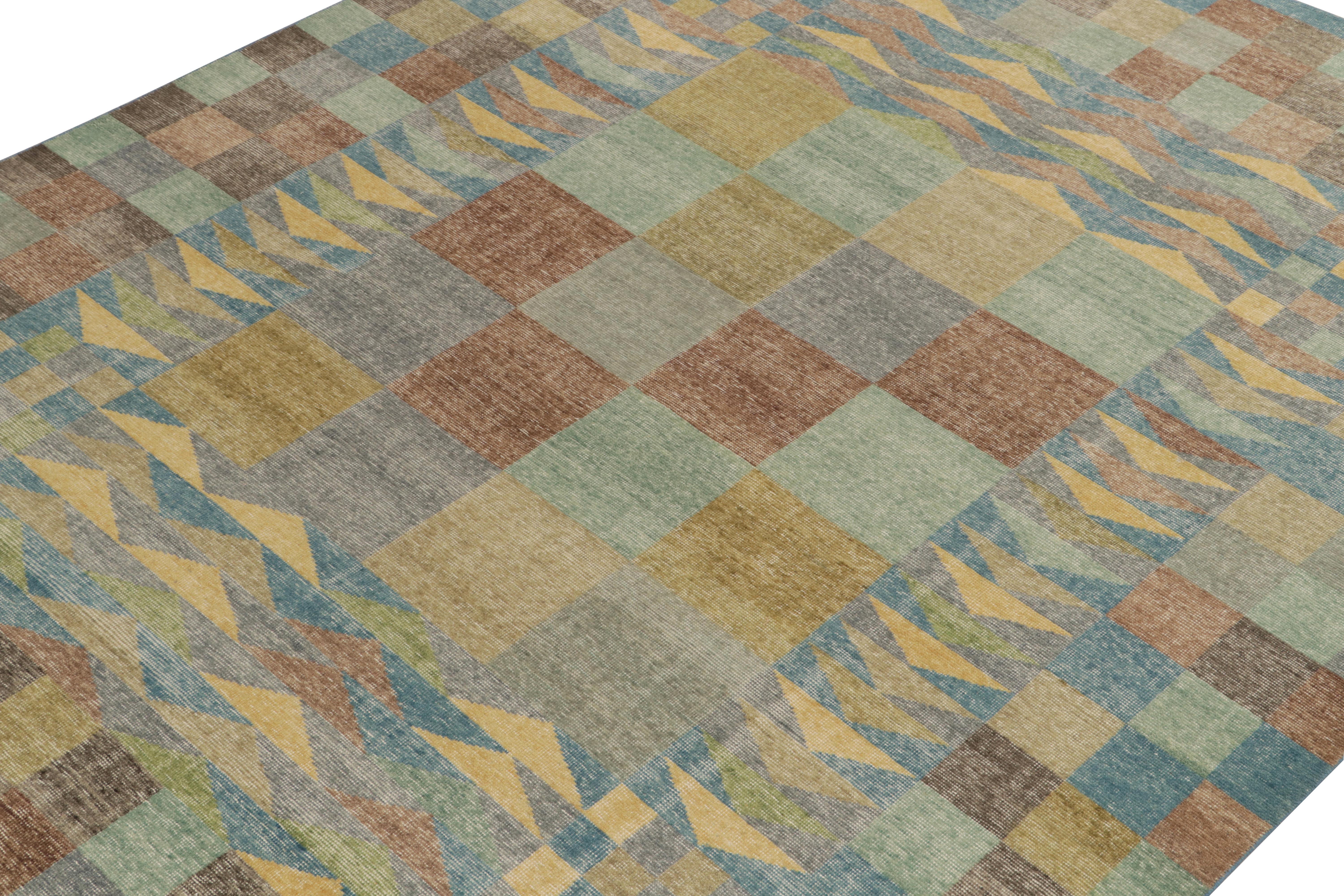 Indian Rug & Kilim's Scandinavian Style Rug in Blue, Gold, Brown Geometric Pattern For Sale