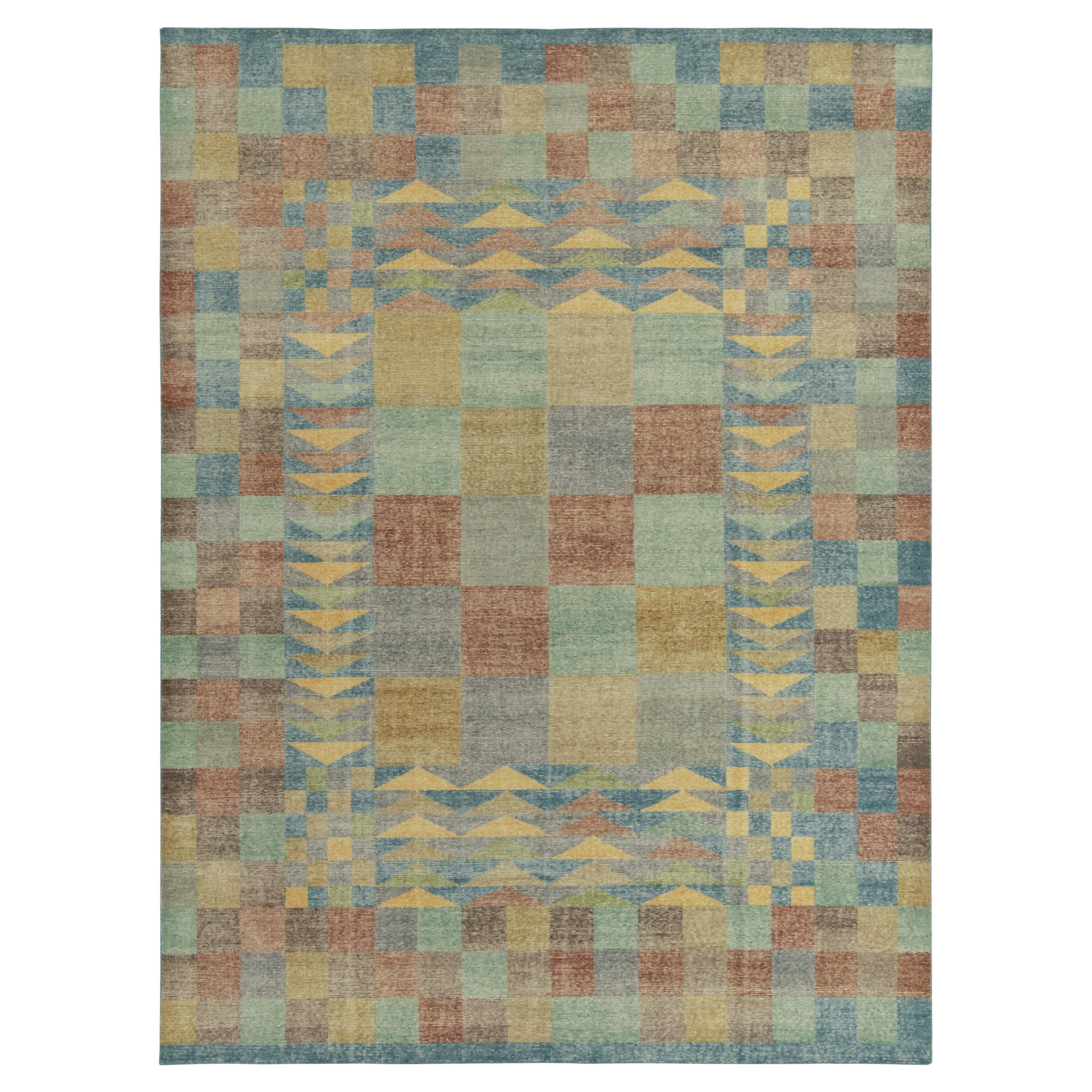 Rug & Kilim's Scandinavian Style Rug in Blue, Gold, Brown Geometric Pattern For Sale