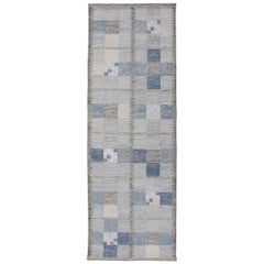 Scandinavian Style Flat-Weave Design Rug with Checkerboard Design in Gray, Blue