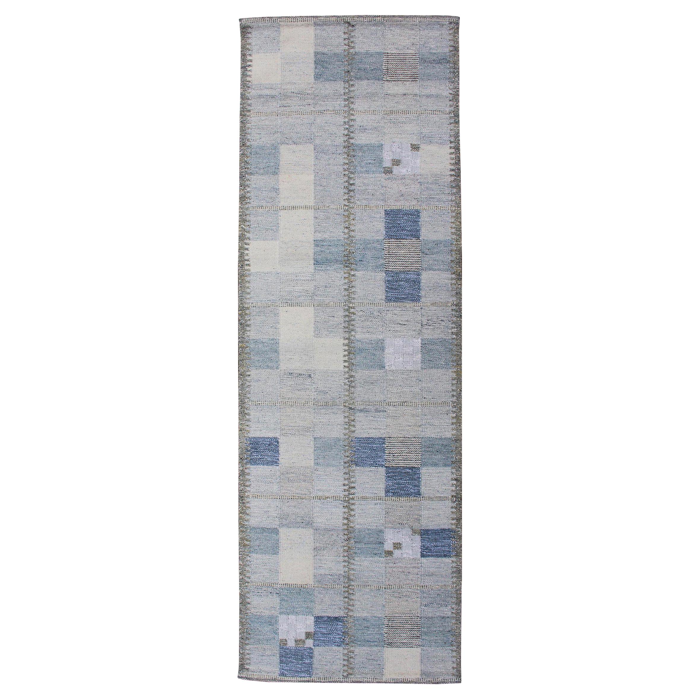 Scandinavian Style Flat-Weave Design Rug with Checkerboard Design in Gray, Blue