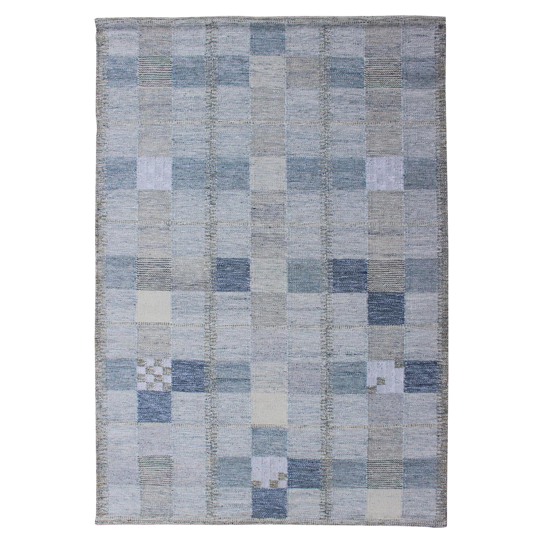 Scandinavian Style Flat-Weave Design Rug with Checkerboard Design in Gray, Blue For Sale
