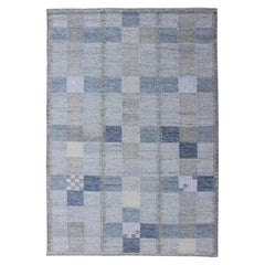 Scandinavian Style Flat-Weave Design Rug with Checkerboard Design in Gray, Blue
