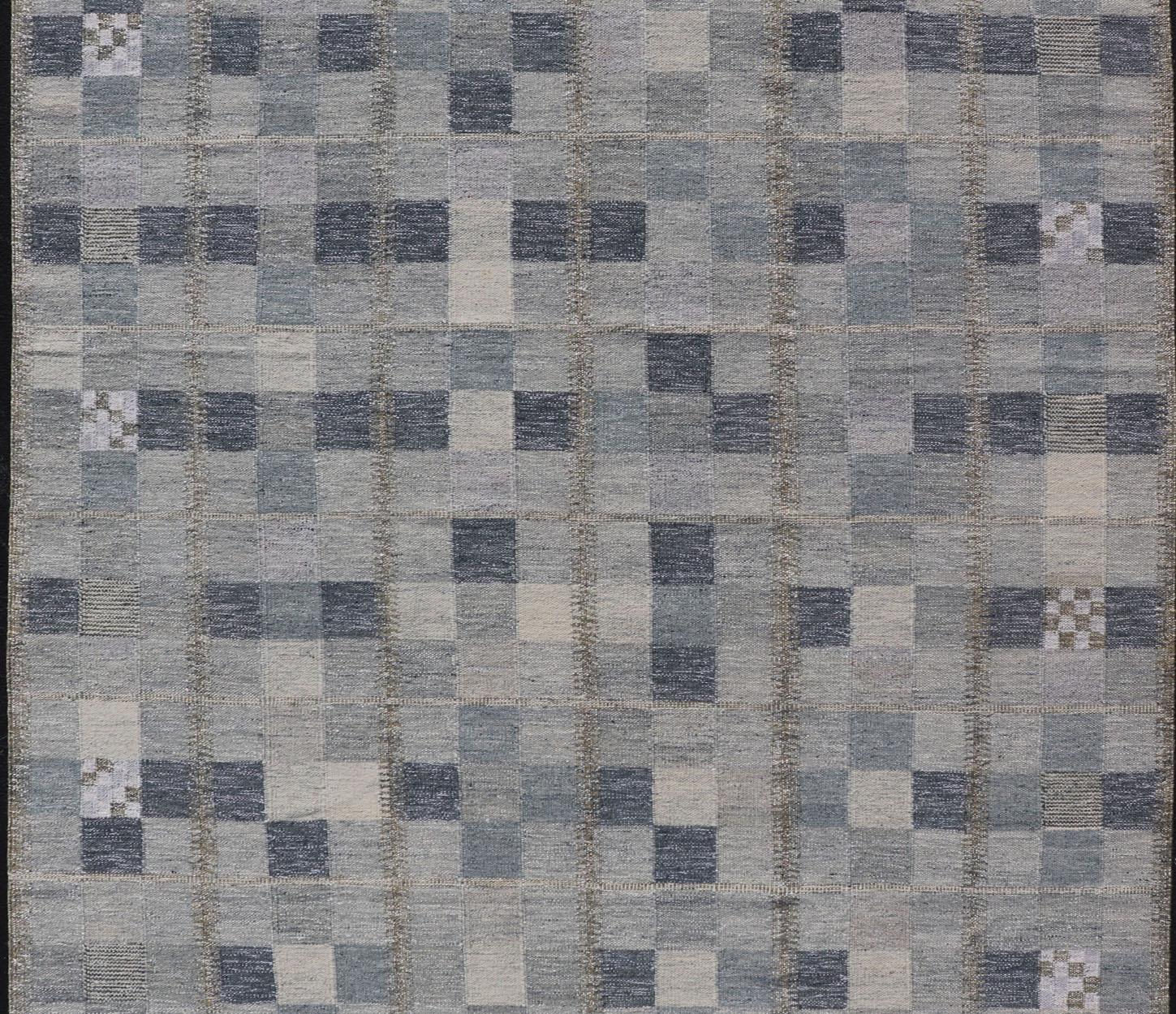 Scandinavian Modern Scandinavian Style Flat-Weave Design Rug with Checkerboard Design in Gray, Blues For Sale