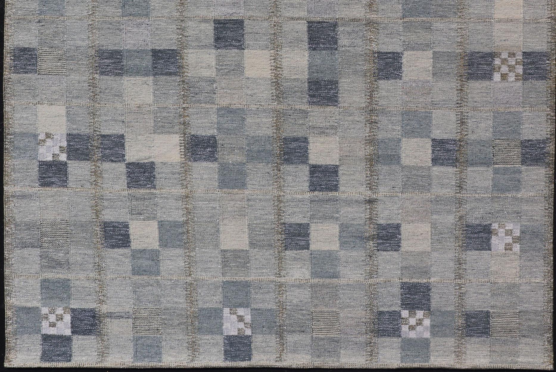 Indian Scandinavian Style Flat-Weave Design Rug with Checkerboard Design in Gray, Blues For Sale