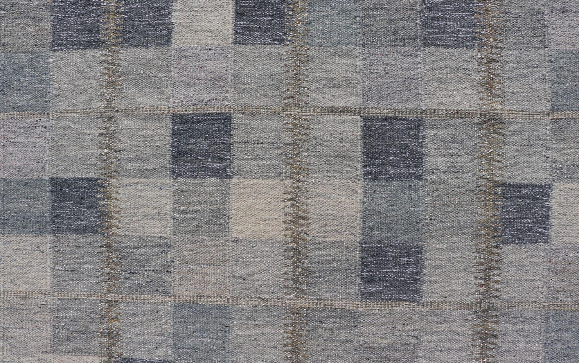Contemporary Scandinavian Style Flat-Weave Design Rug with Checkerboard Design in Gray, Blues For Sale