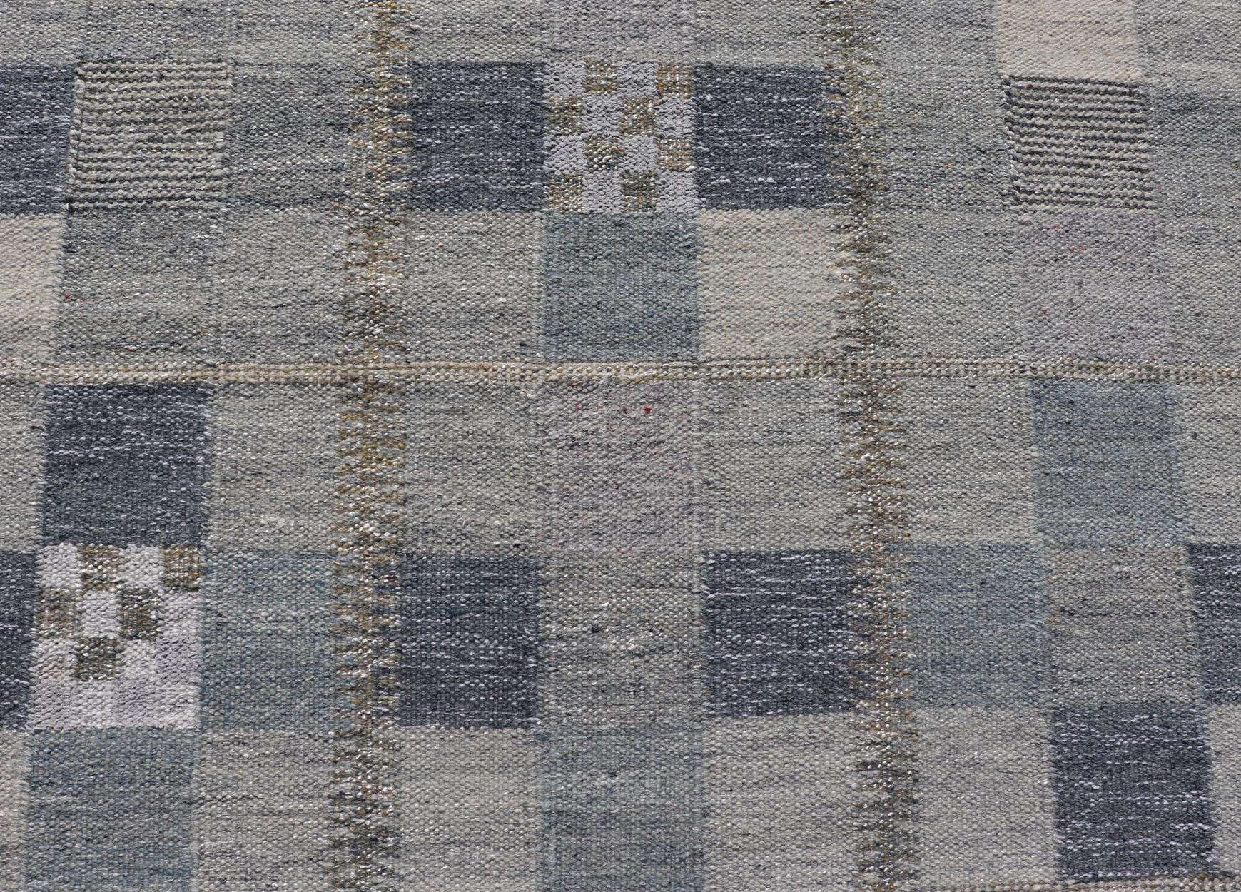 Wool Scandinavian Style Flat-Weave Design Rug with Checkerboard Design in Gray, Blues For Sale