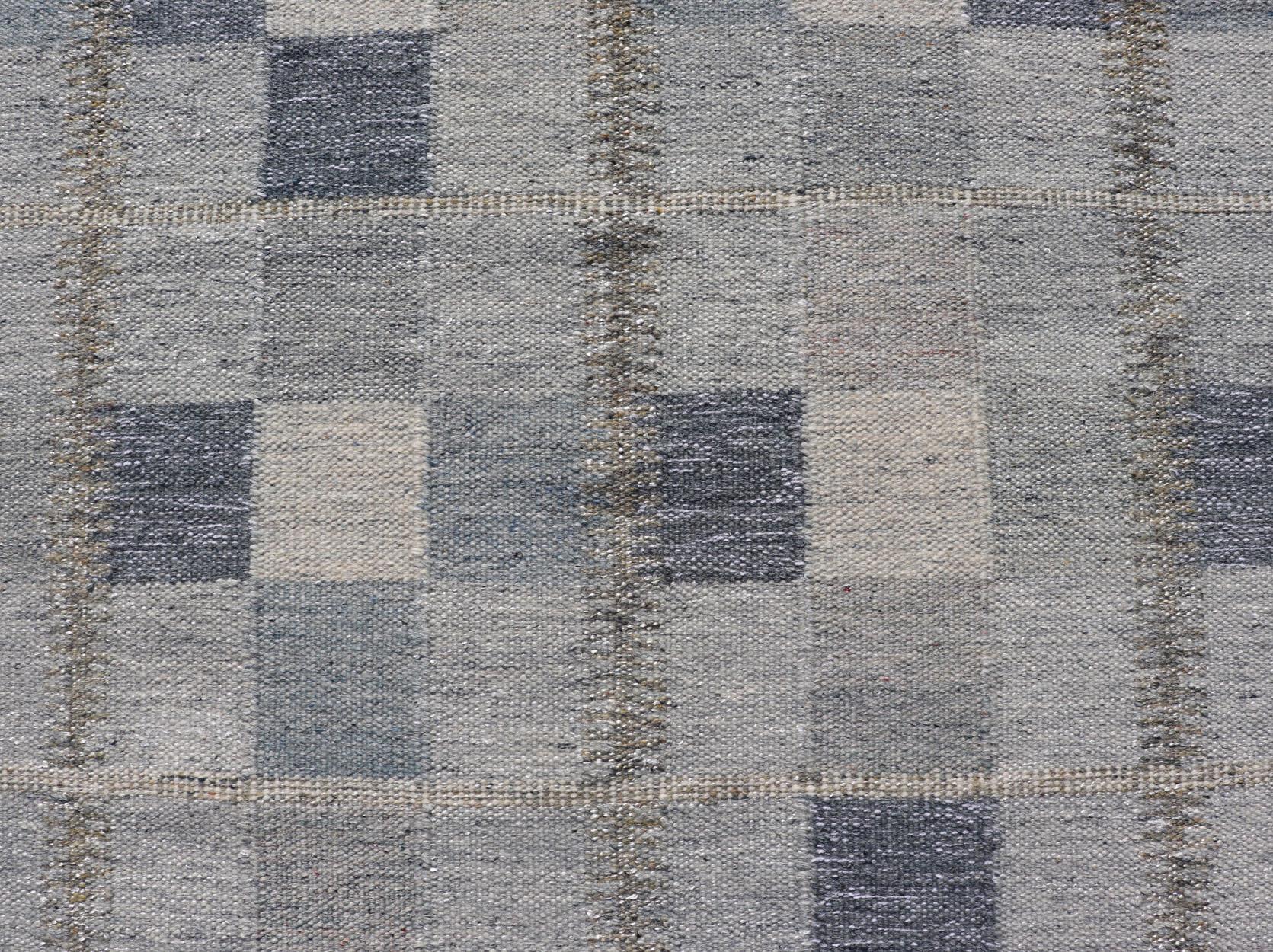 Scandinavian Style Flat-Weave Design Rug with Checkerboard Design in Gray, Blues For Sale 1