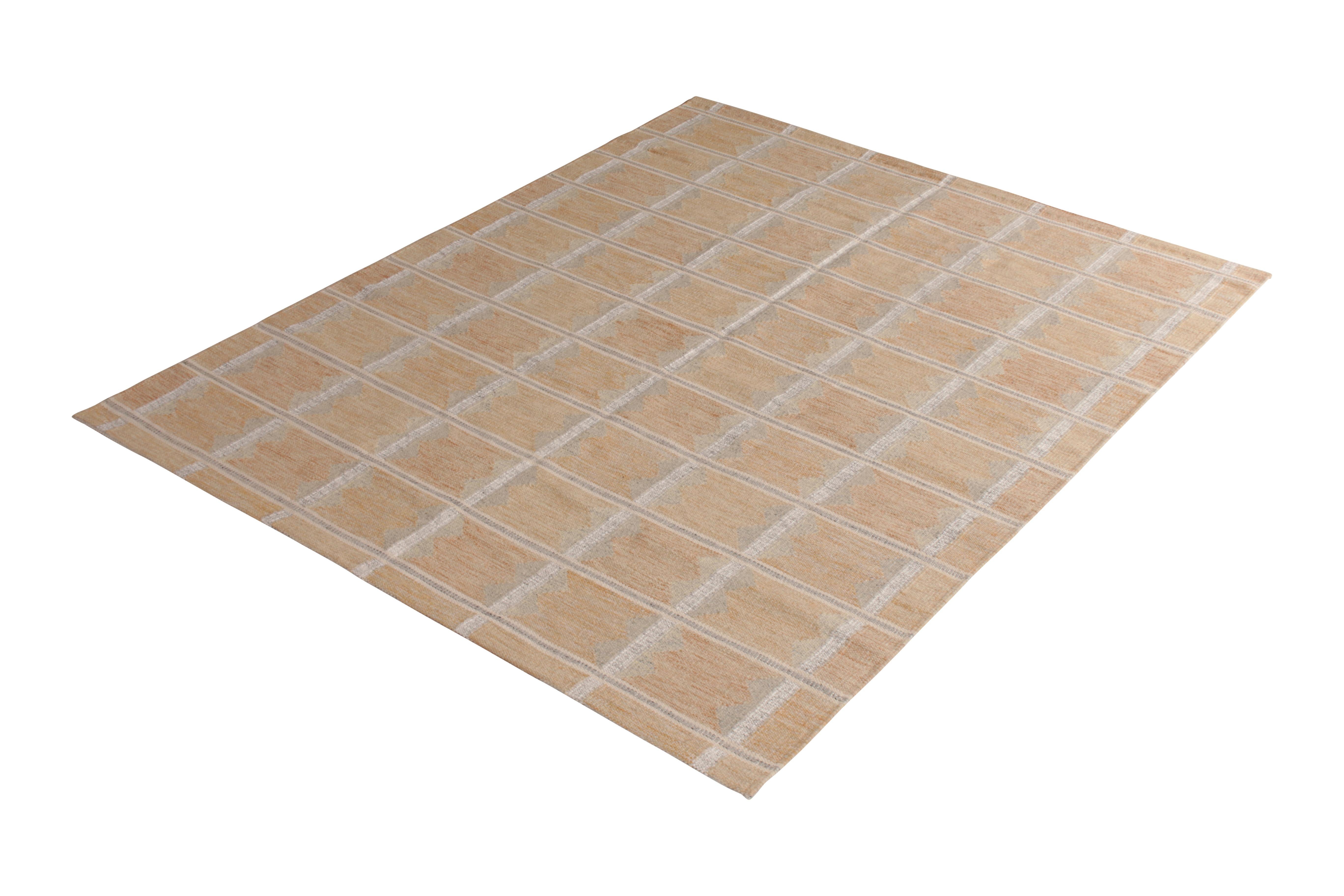 handwoven in wool with a blend of undyed natural yarns, this 8x10 modern flat-weave runner joins the latest additions to the Scandinavian Collection by Rug 
Kilim, a celebration of Swedish modernism with new large scale geometry and exciting