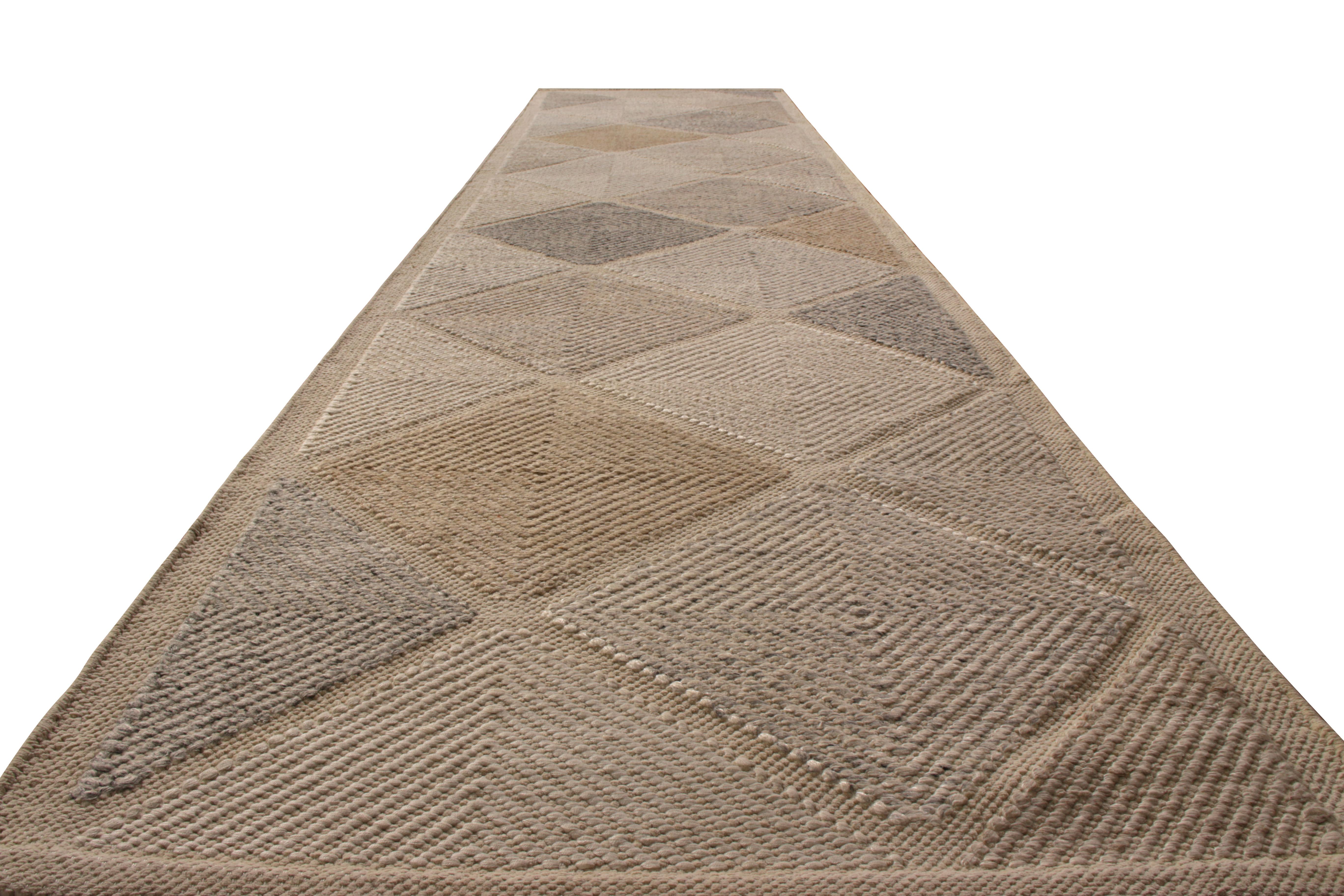 Handwoven in wool with a blend of undyed natural yarns, this 3 x 13 modern flat-weave runner joins the latest additions to the Scandinavian collection by Rug & Kilim, a celebration of Swedish modernism with new large scale geometry and exciting