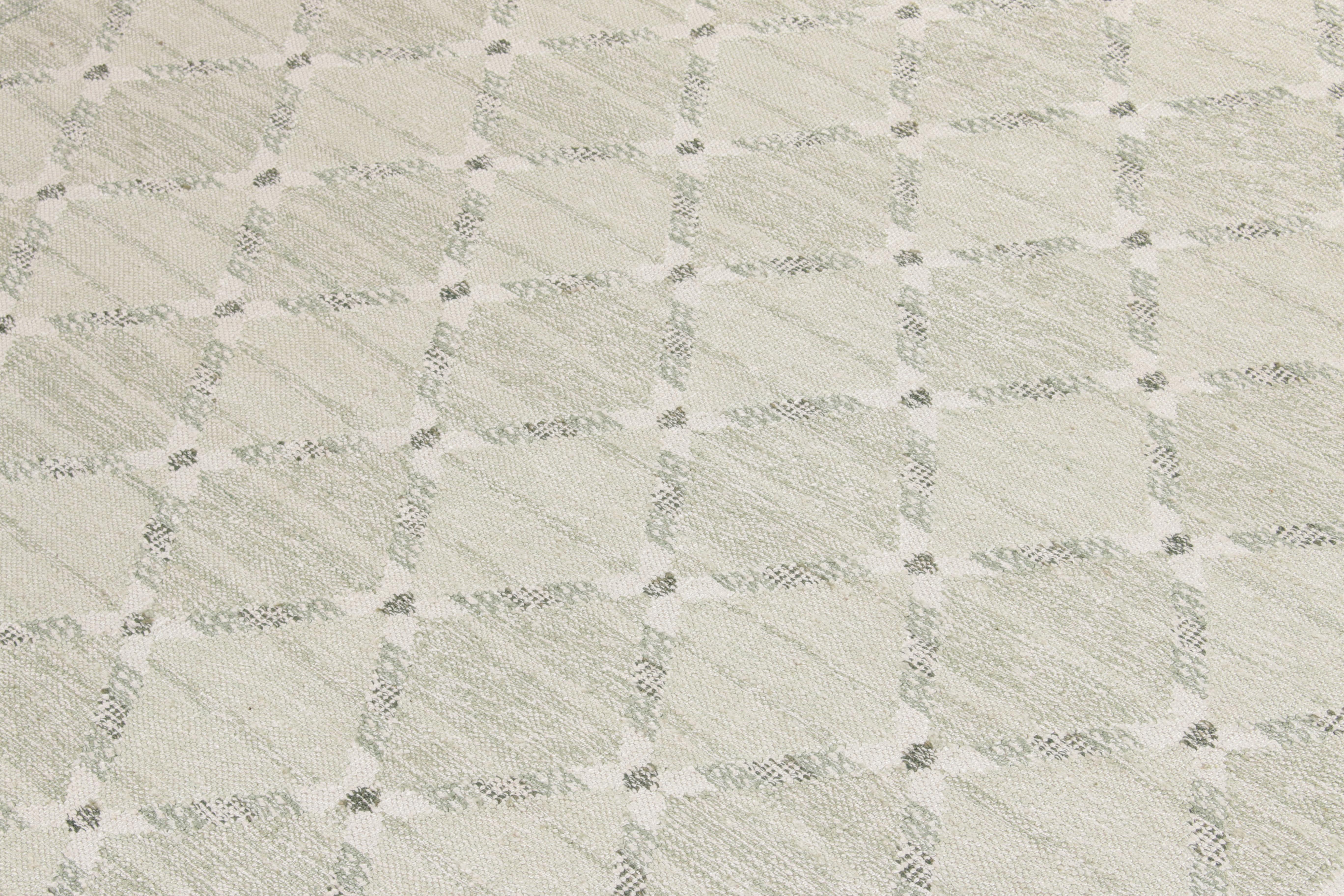Indian Rug & Kilim's Scandinavian Style Flat Weave in Green, White Trellis Pattern For Sale