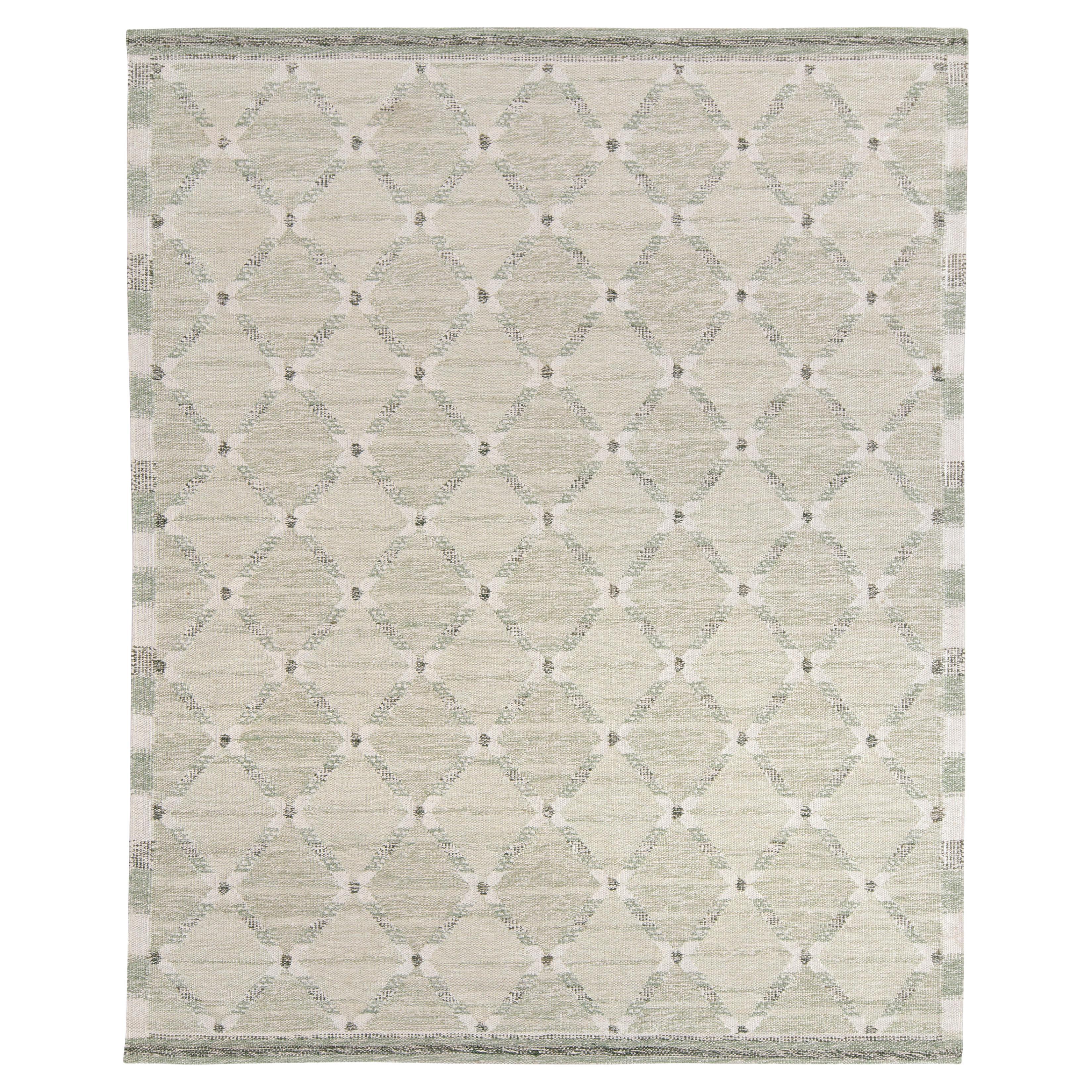 Rug & Kilim's Scandinavian Style Flat Weave in Green, White Trellis Pattern For Sale