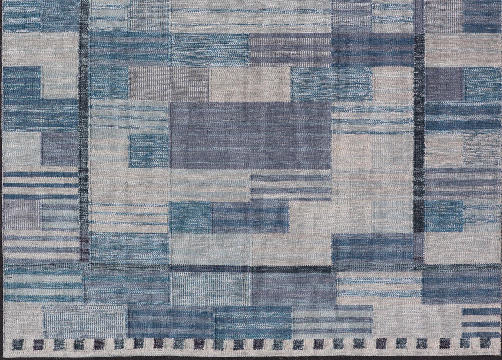 Skandinavischer Flachgewebe-Teppich im skandinavischen Stil mit modernem Design in Grau, Schwarz und Blau im Angebot 3