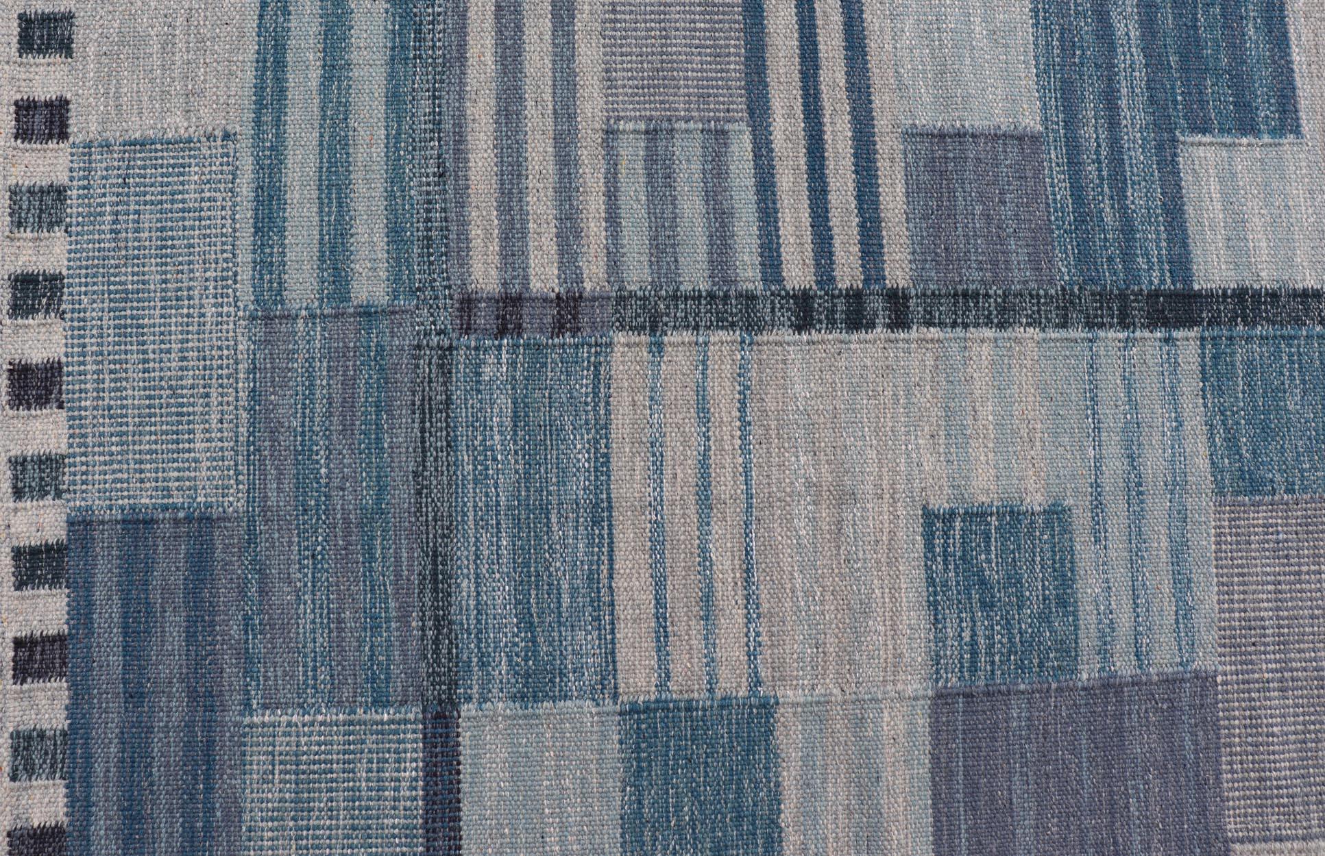 Skandinavischer Flachgewebe-Teppich im skandinavischen Stil mit modernem Design in Grau, Schwarz und Blau im Angebot 5