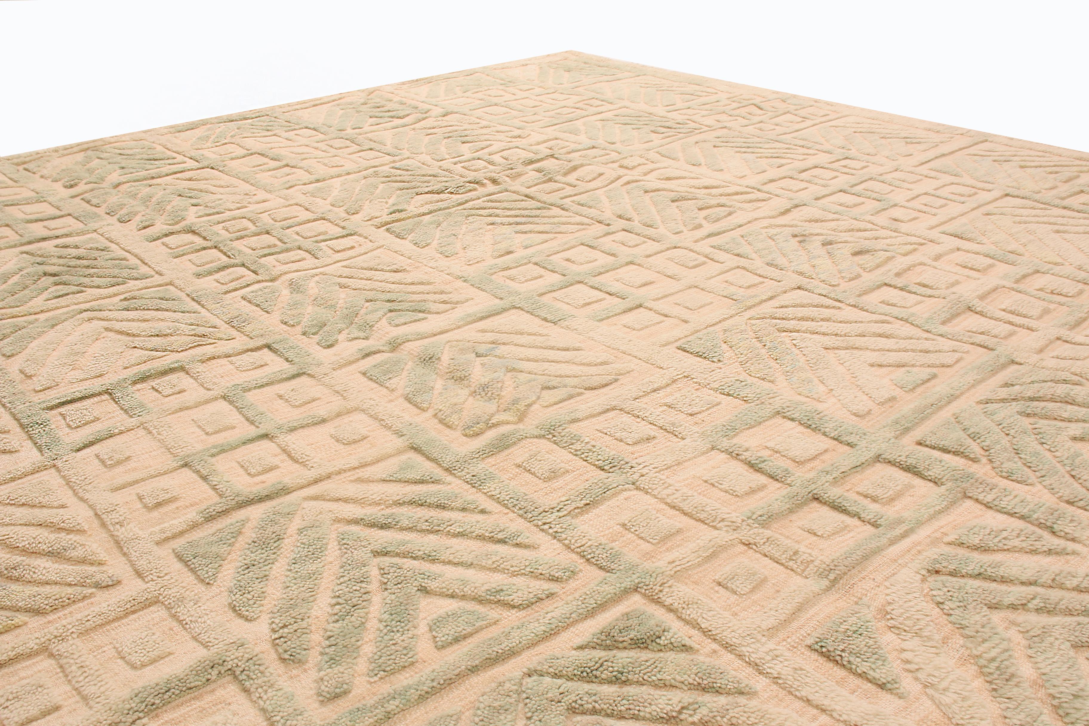 Indian Rug & Kilim's Scandinavian Style Inspired Geometric Green, Beige Wool Pile Rug For Sale