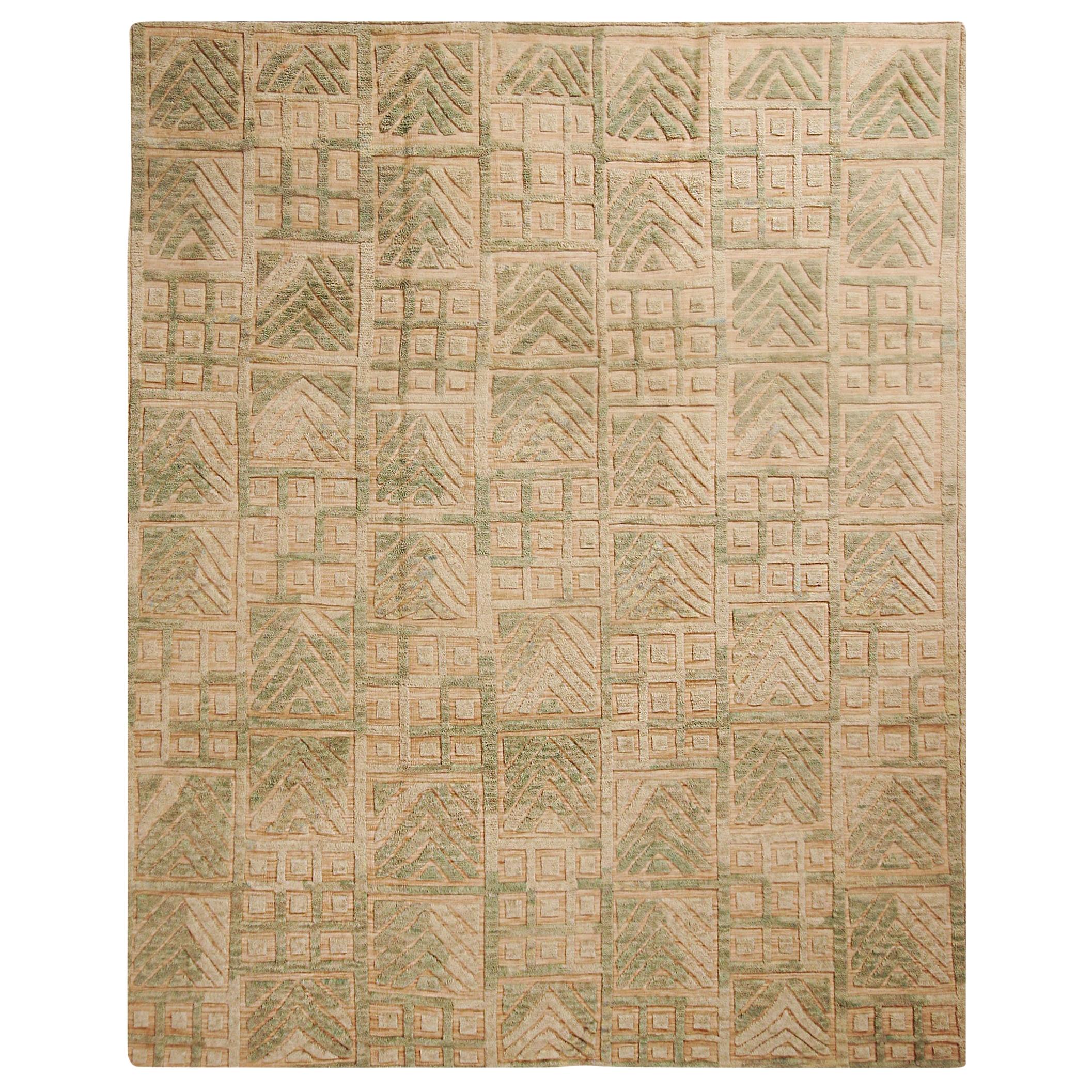 Rug & Kilim's Scandinavian Style Inspired Geometric Green, Beige Wool Pile Rug For Sale