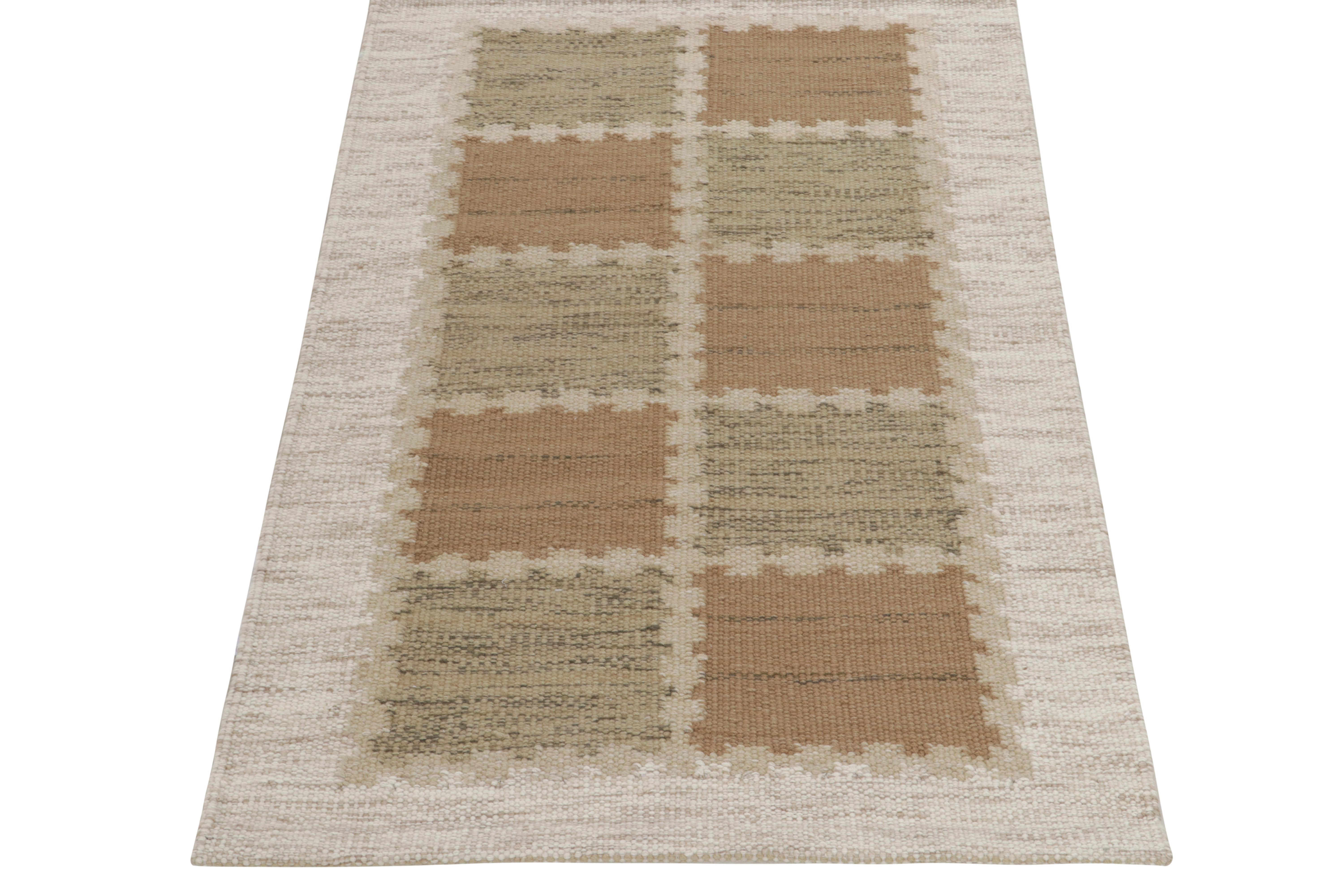 Handwoven in wool, a smart Swedish style kilim rug design from our award-winning Scandinavian flat weave collection. This 3x5 rug exemplifies a symmetric geometric pattern in alternating tones of subtle beige & brown resting comfortably on creamy