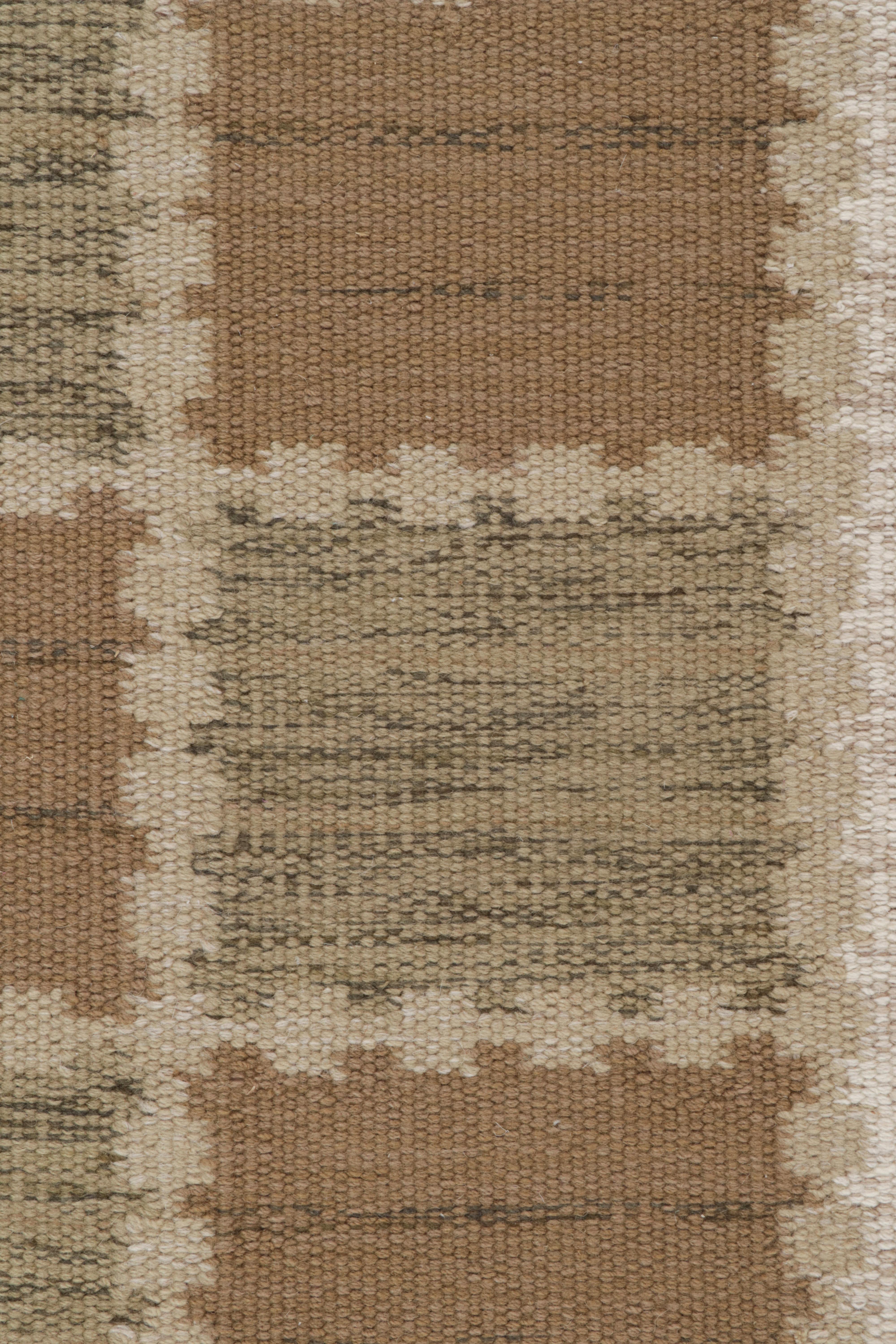 Hand-Knotted Rug & Kilim's Scandinavian Style Kilim in Beige-Brown, White Geometric Pattern For Sale
