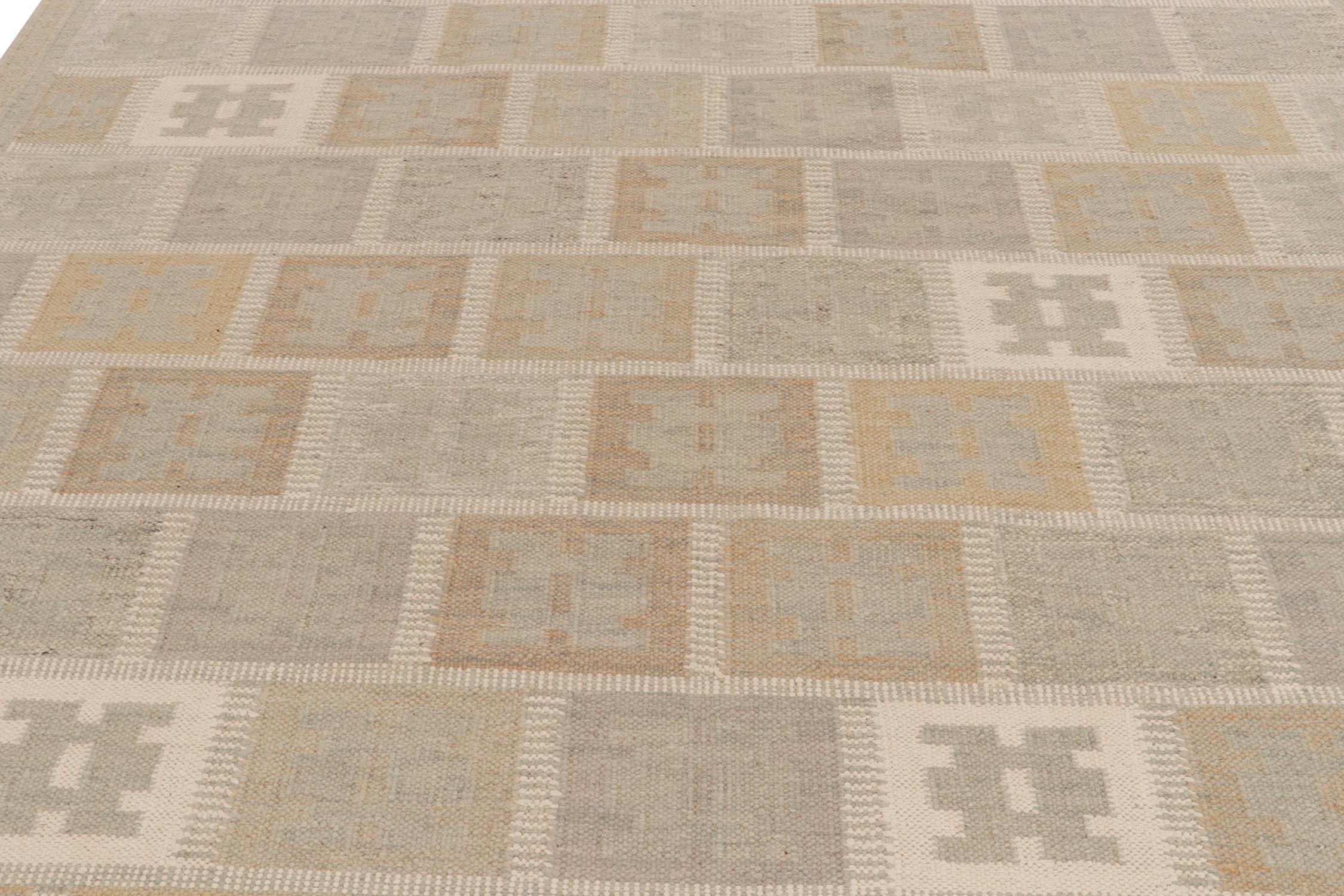 Indian Rug & Kilim's Scandinavian Style Kilim in Gray, Beige-Brown Geometric Pattern For Sale