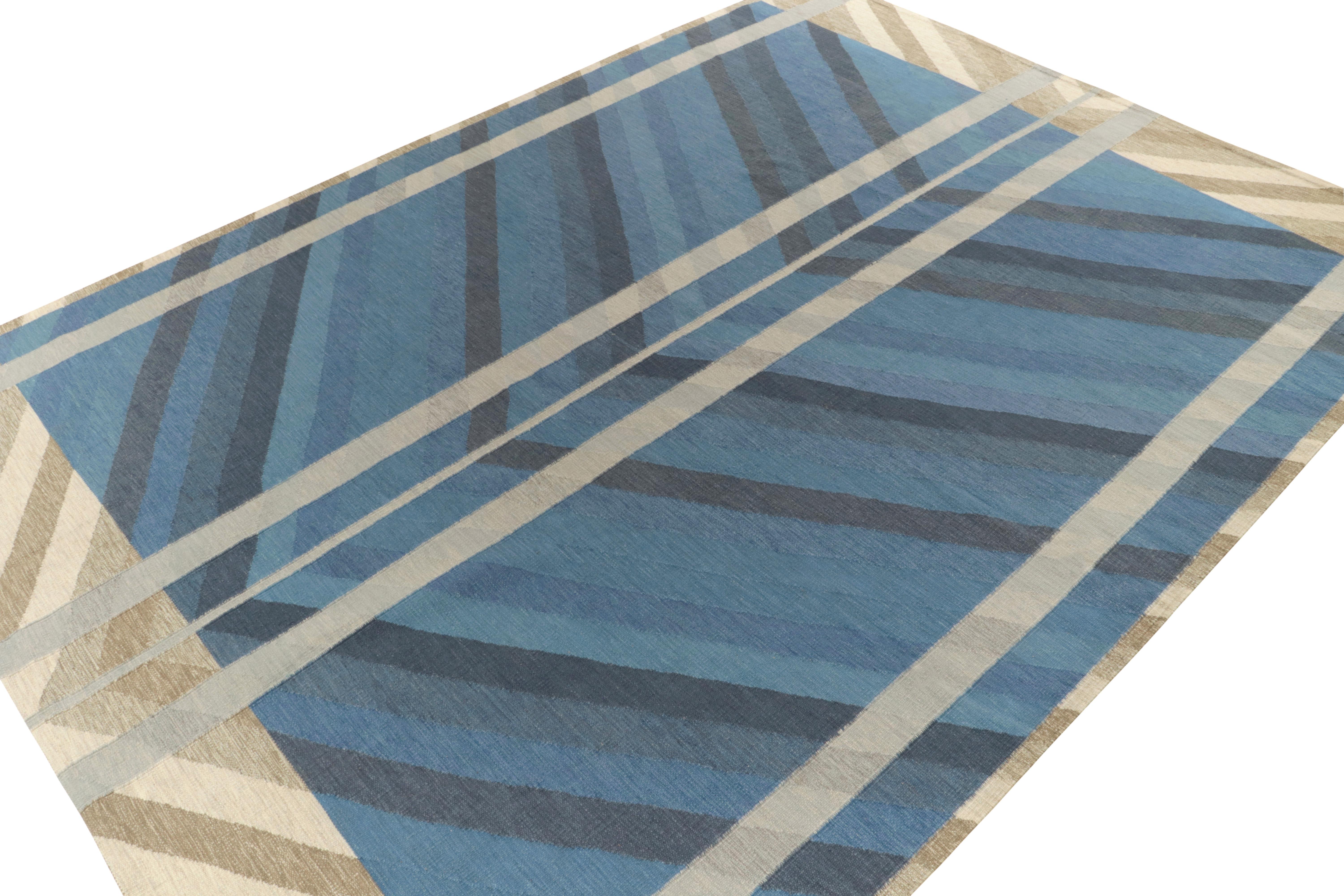Indian Rug & Kilim's Scandinavian Style Kilim Rug in Blue, Beige-Gray Chevron Pattern For Sale