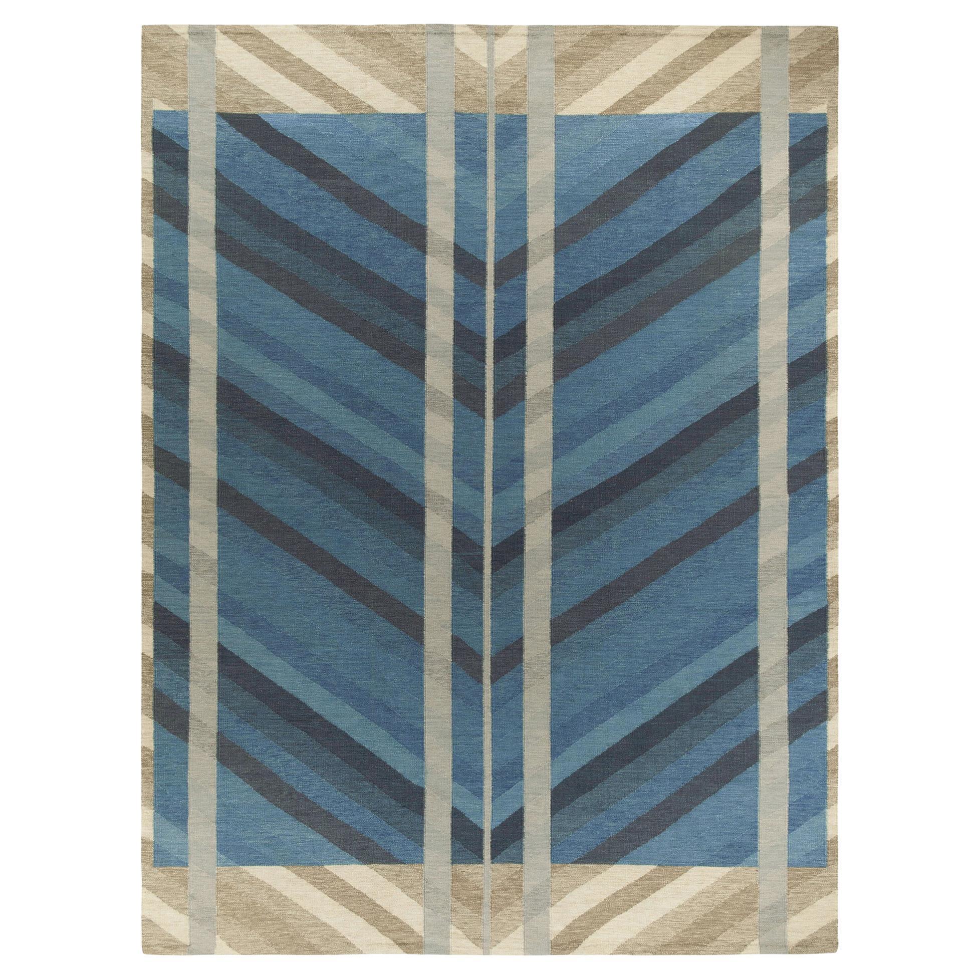 Teppich & Kelim-Teppich im skandinavischen Stil in Blau, Beige-Grau mit Chevron-Muster