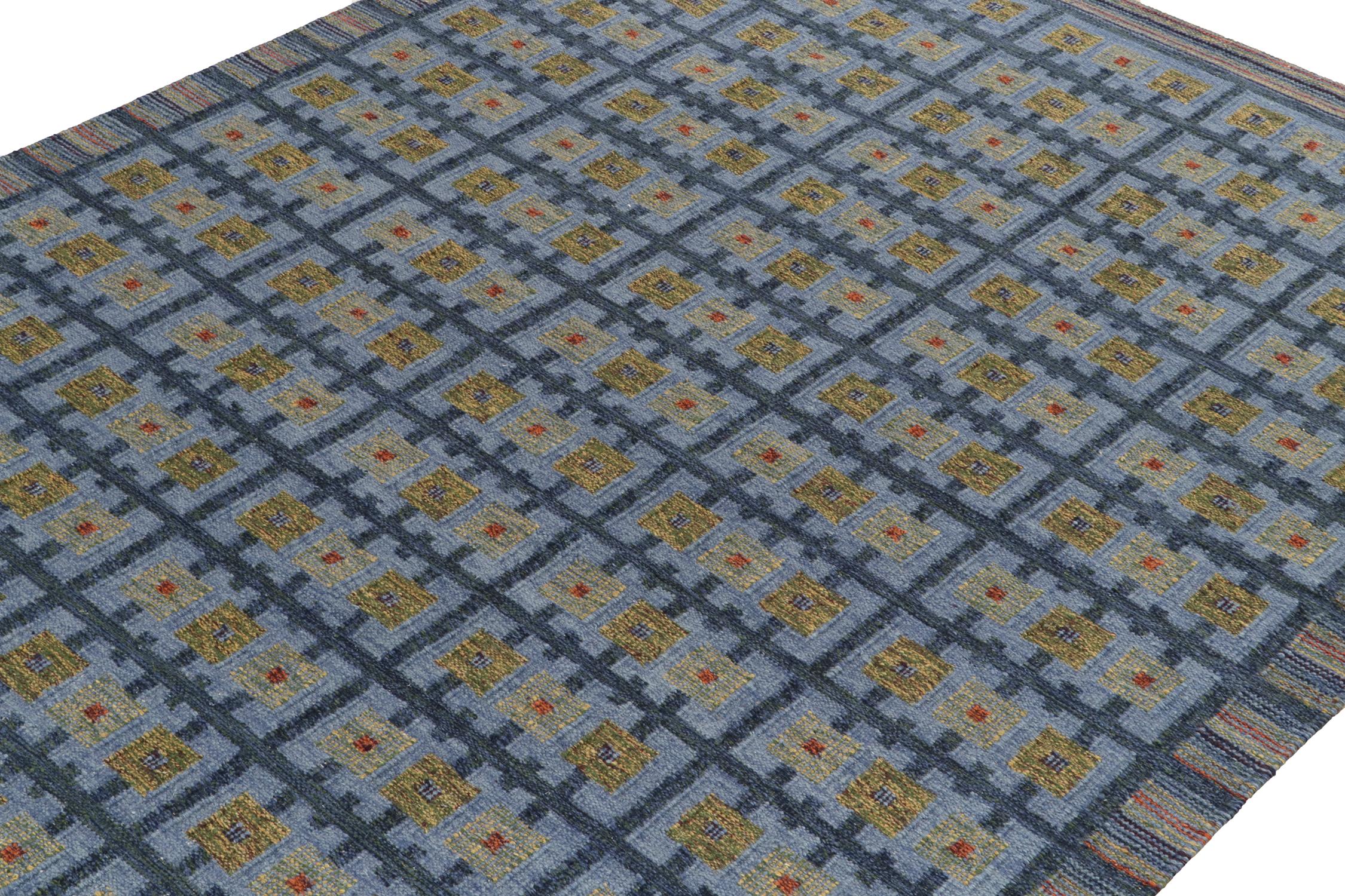 Teppich & Kelim-Teppich im skandinavischen Stil in Blau, Grün mit geometrischem Muster (Indisch) im Angebot