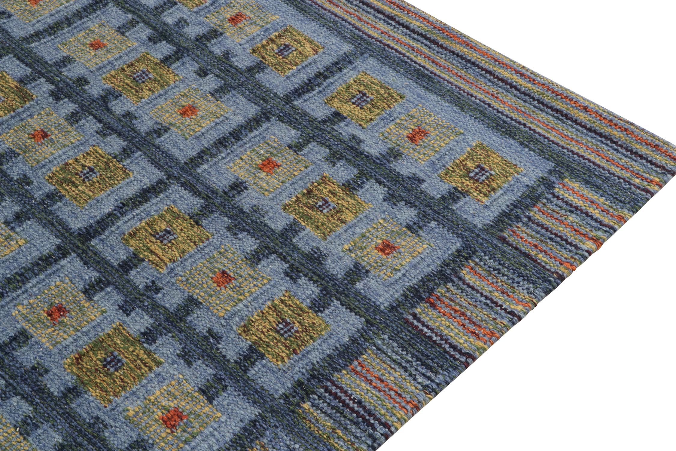Rug & Kilim's Scandinavian Style Kilim Rug in Blue, Green Geometric Pattern In New Condition For Sale In Long Island City, NY