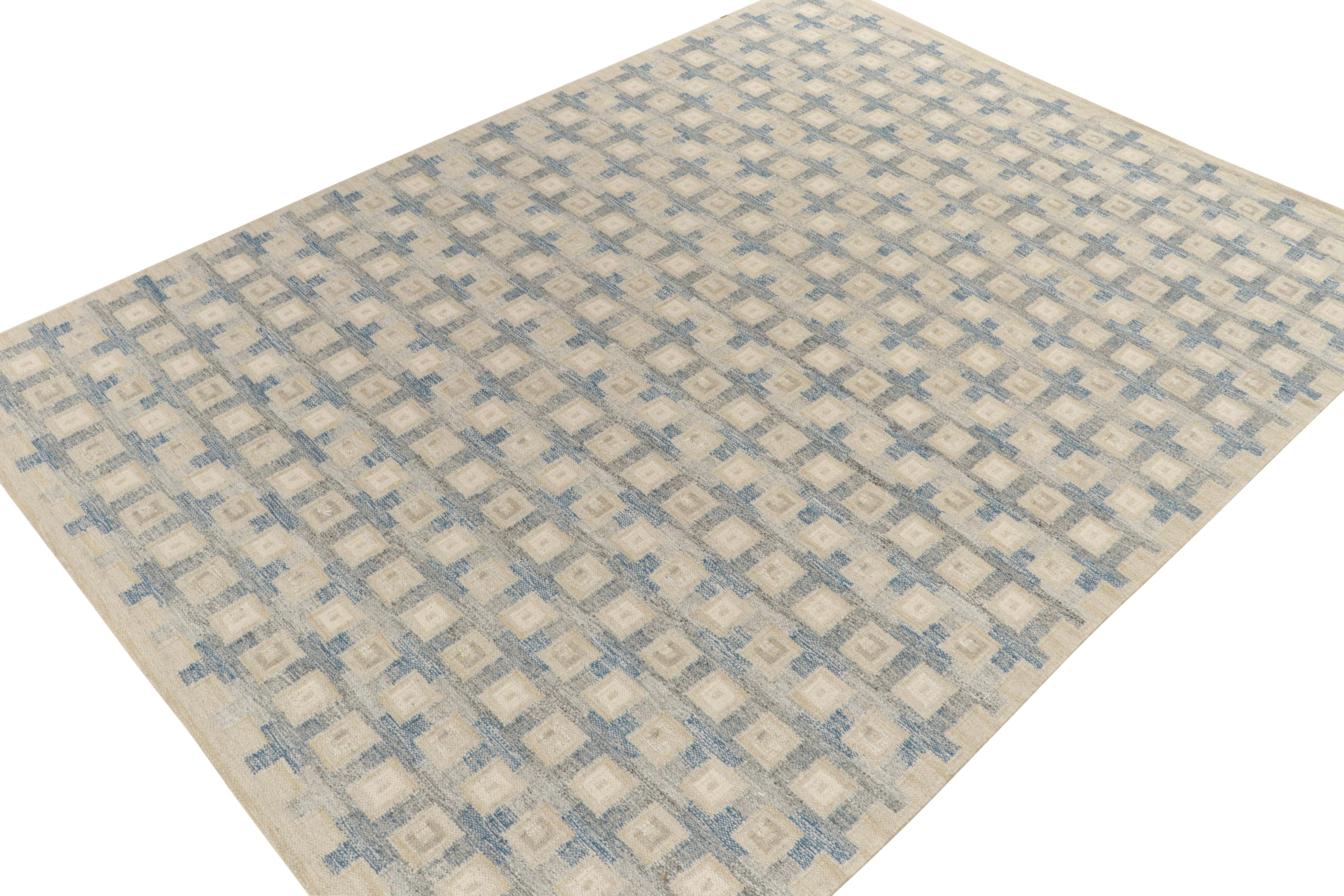 Teppich & Kelim-Teppich im skandinavischen Stil in Blau, Grau mit geometrischem Muster (Skandinavische Moderne) im Angebot