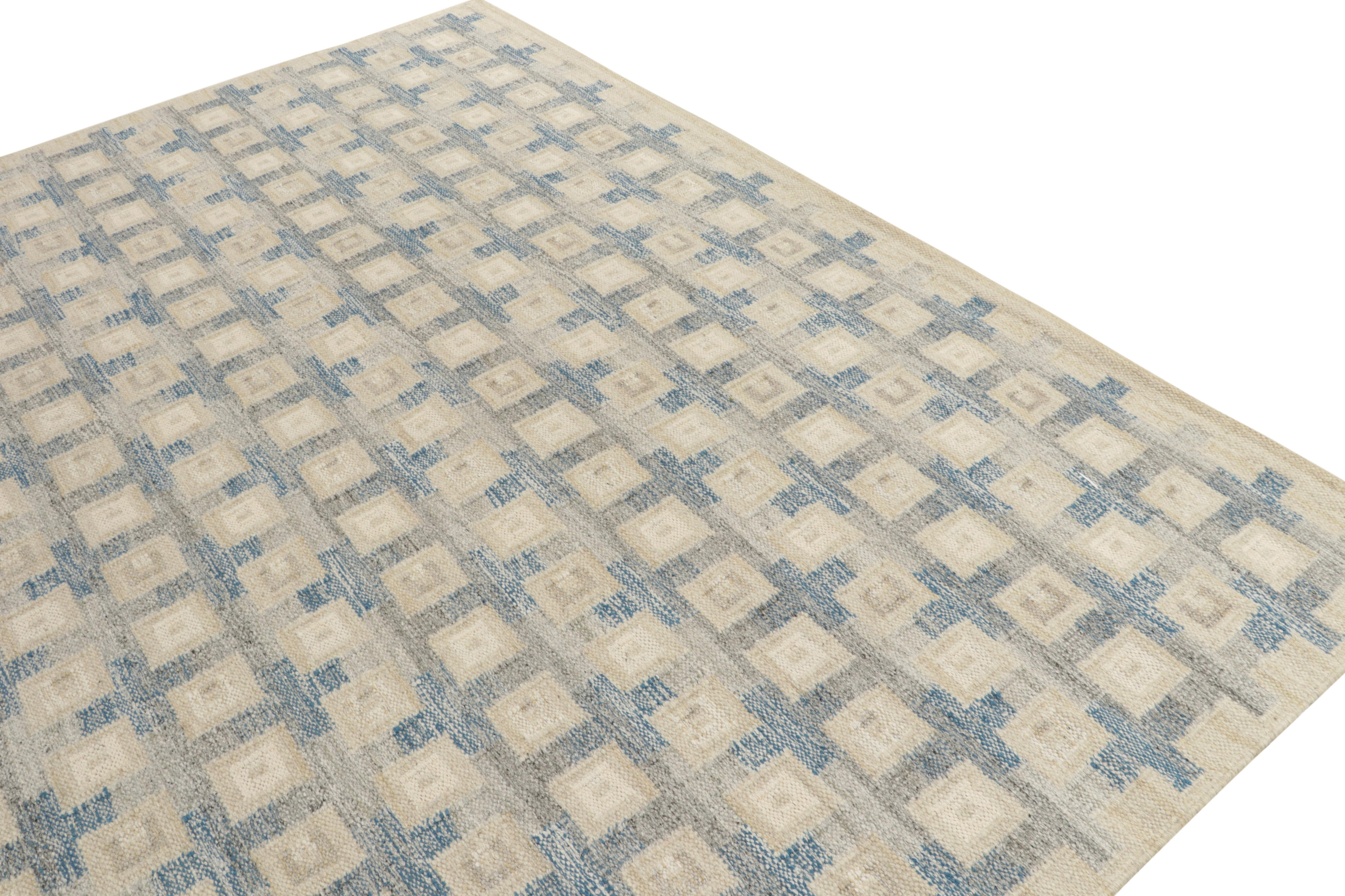 Teppich & Kelim-Teppich im skandinavischen Stil in Blau, Grau mit geometrischem Muster (Indisch) im Angebot