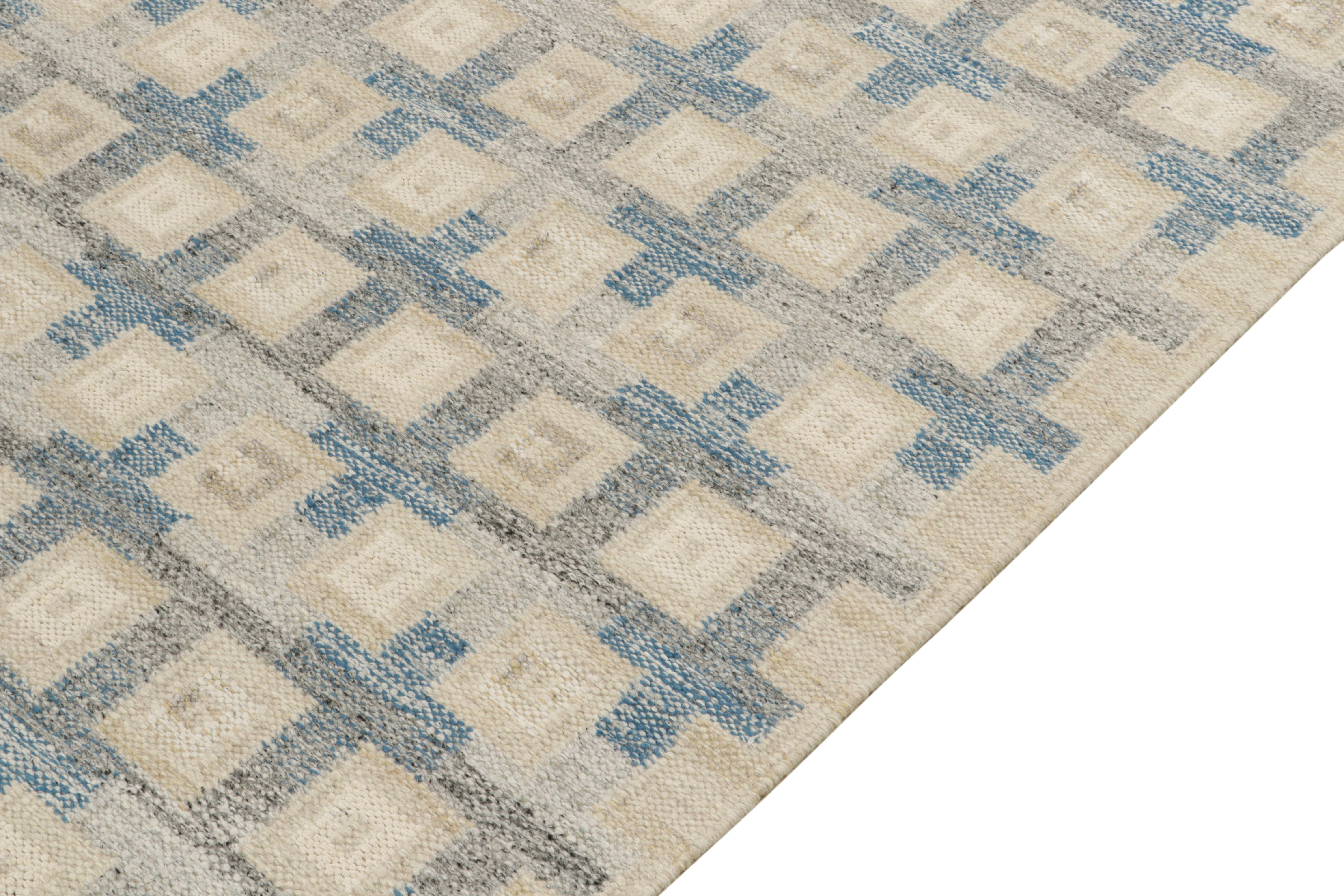 Hand-Knotted Rug & Kilim's Scandinavian Style Kilim Rug in Blue, Greige Geometric Pattern For Sale